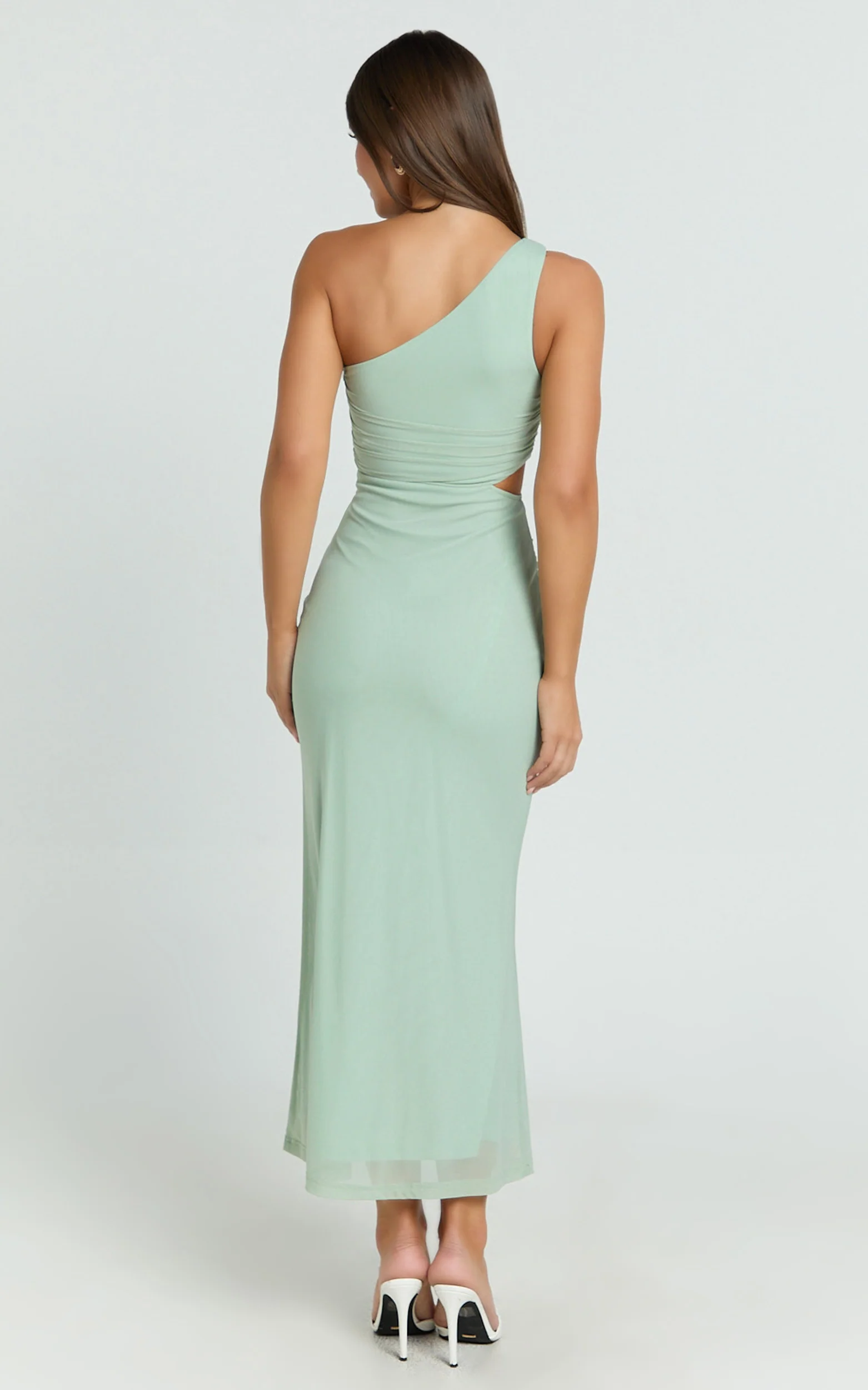 Mandy Midi Dress - Knot Detail Cut Out Mesh Dress in Sage - Image 6