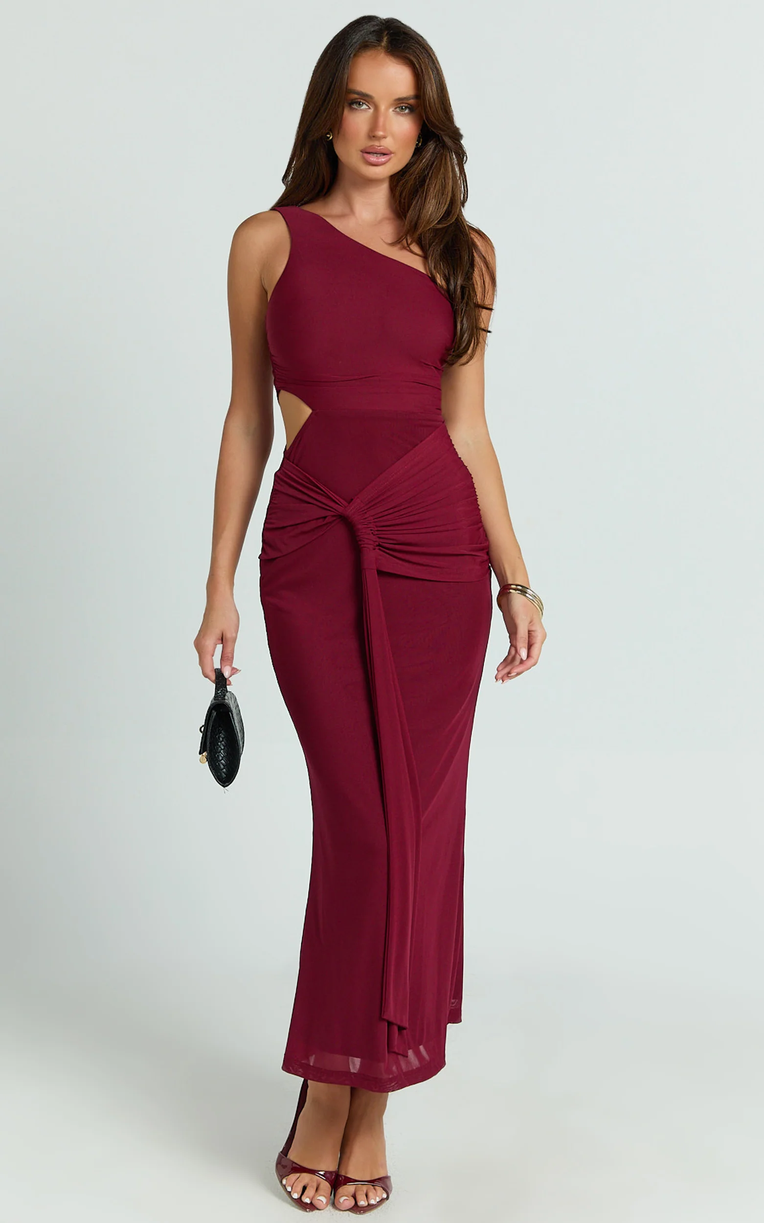 Mandy Midi Dress - Knot Detail Cut Out Mesh Dress in Wine - Image 3