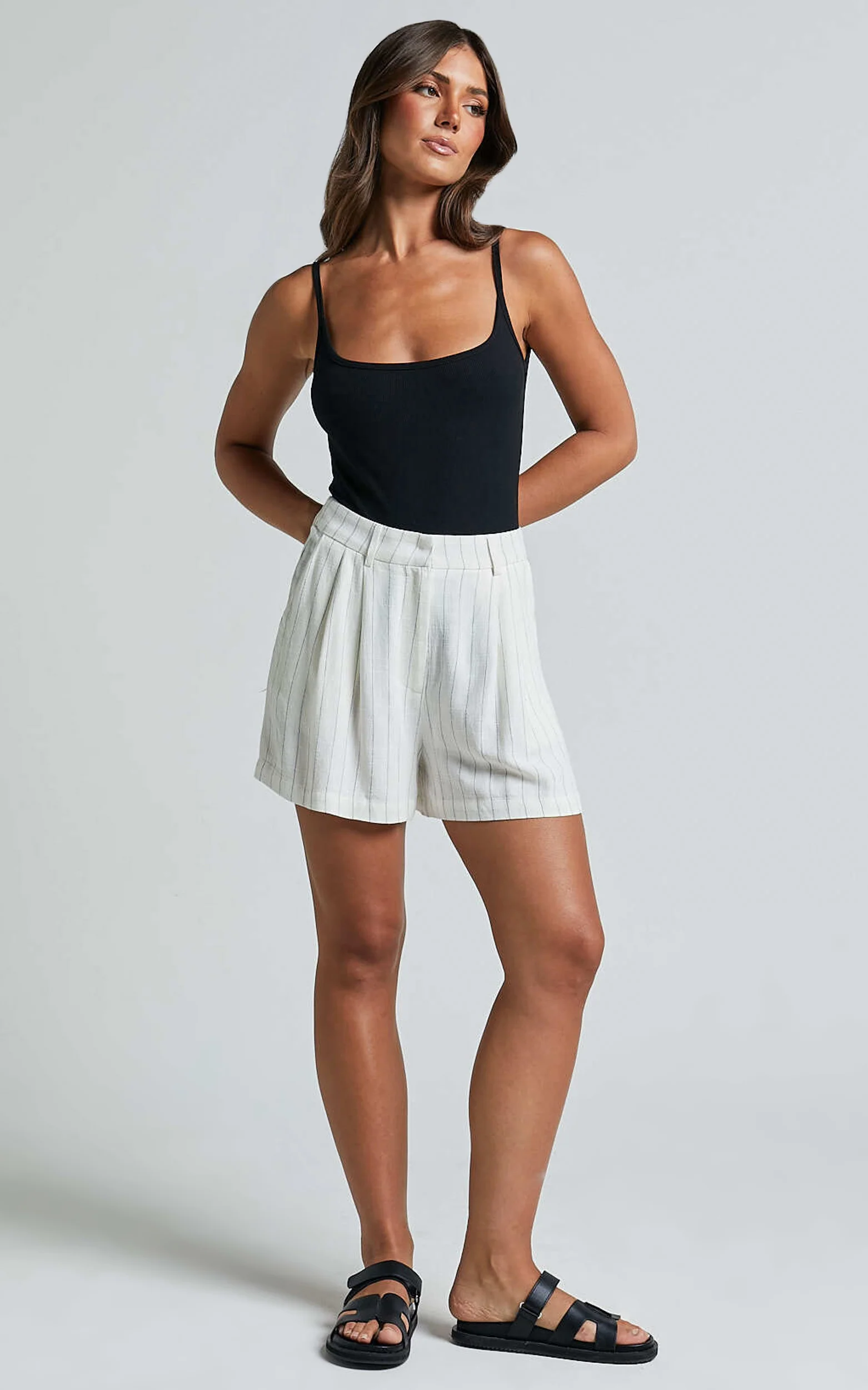 Manon Shorts - Linen Tailored Pinstripe Shorts in White - Image 2