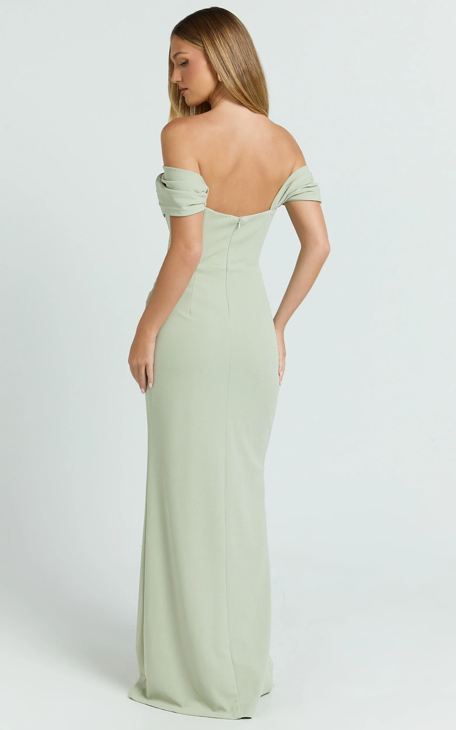 Marcel Maxi Dress - Off Shoulder Corset High Split Dress in Sage - Image 9