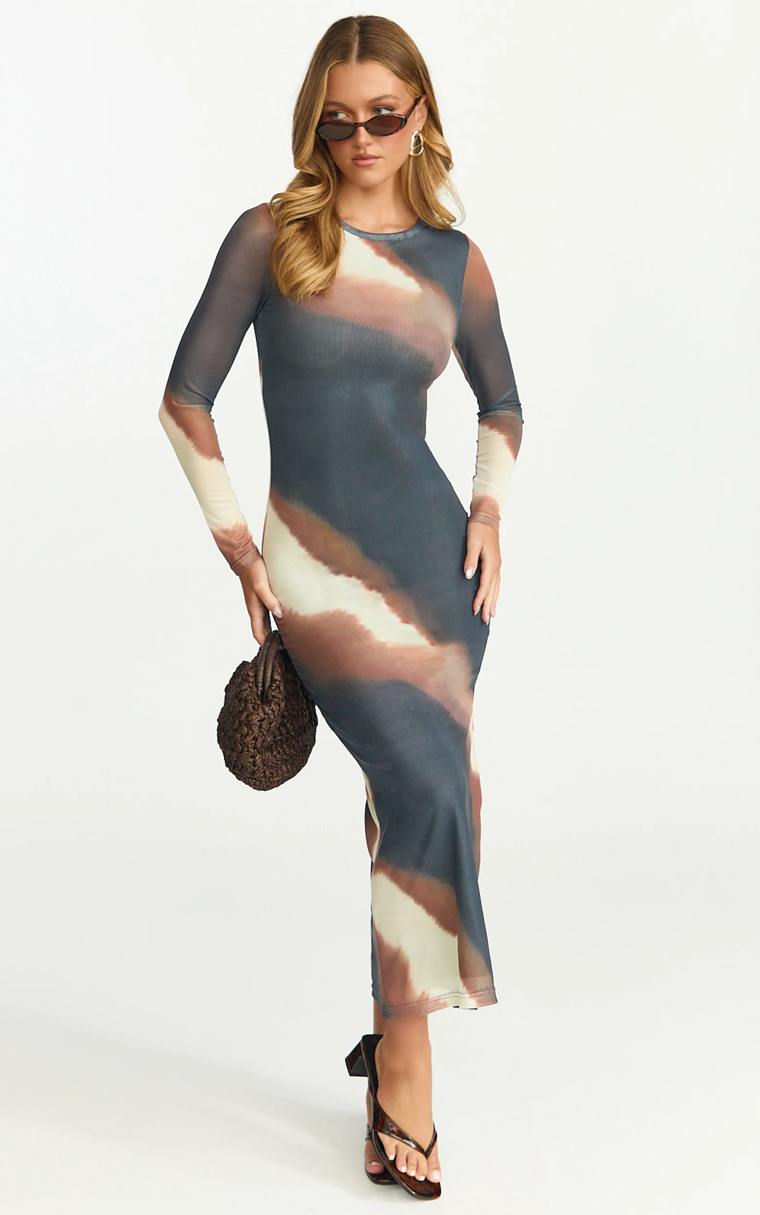 Margot Midi Dress - High Neck Long Sleeve Mesh Dress in Rust Print - Image 3