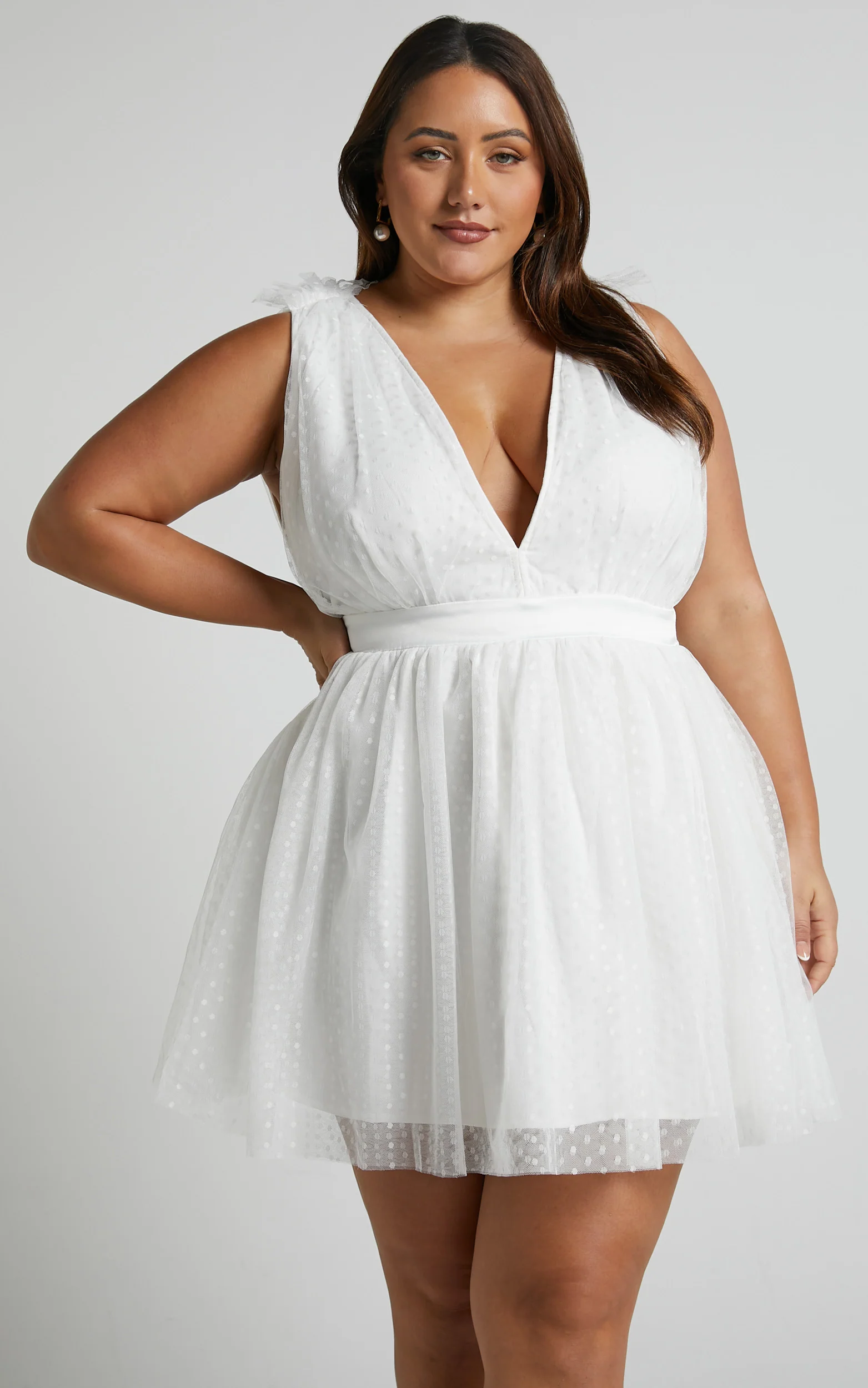 Mariabella Mini Dress - Tulle Plunge Dress in White - Image 3