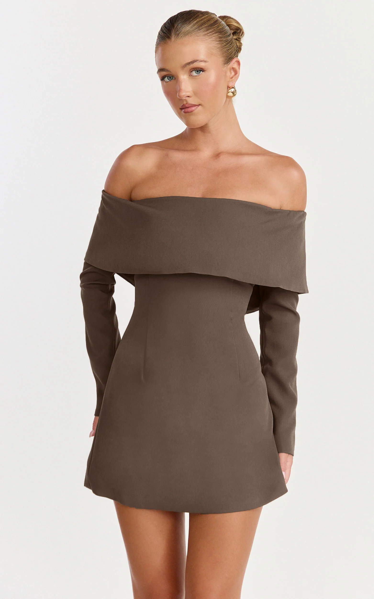 Marigold Mini Dress - Off Shoulder Long Sleeve Dress in Mocha
