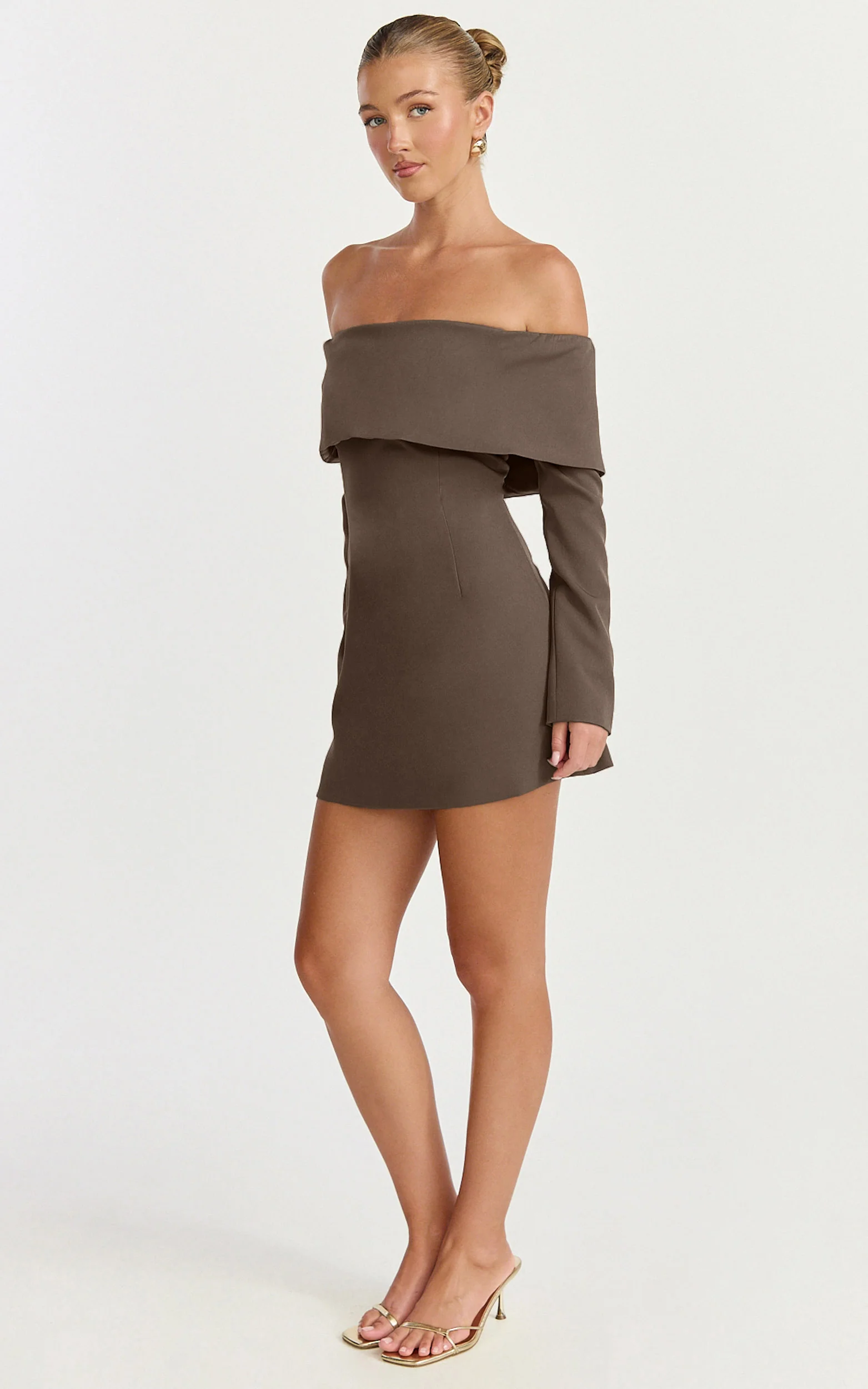 Marigold Mini Dress - Off Shoulder Long Sleeve Dress in Mocha - Image 4