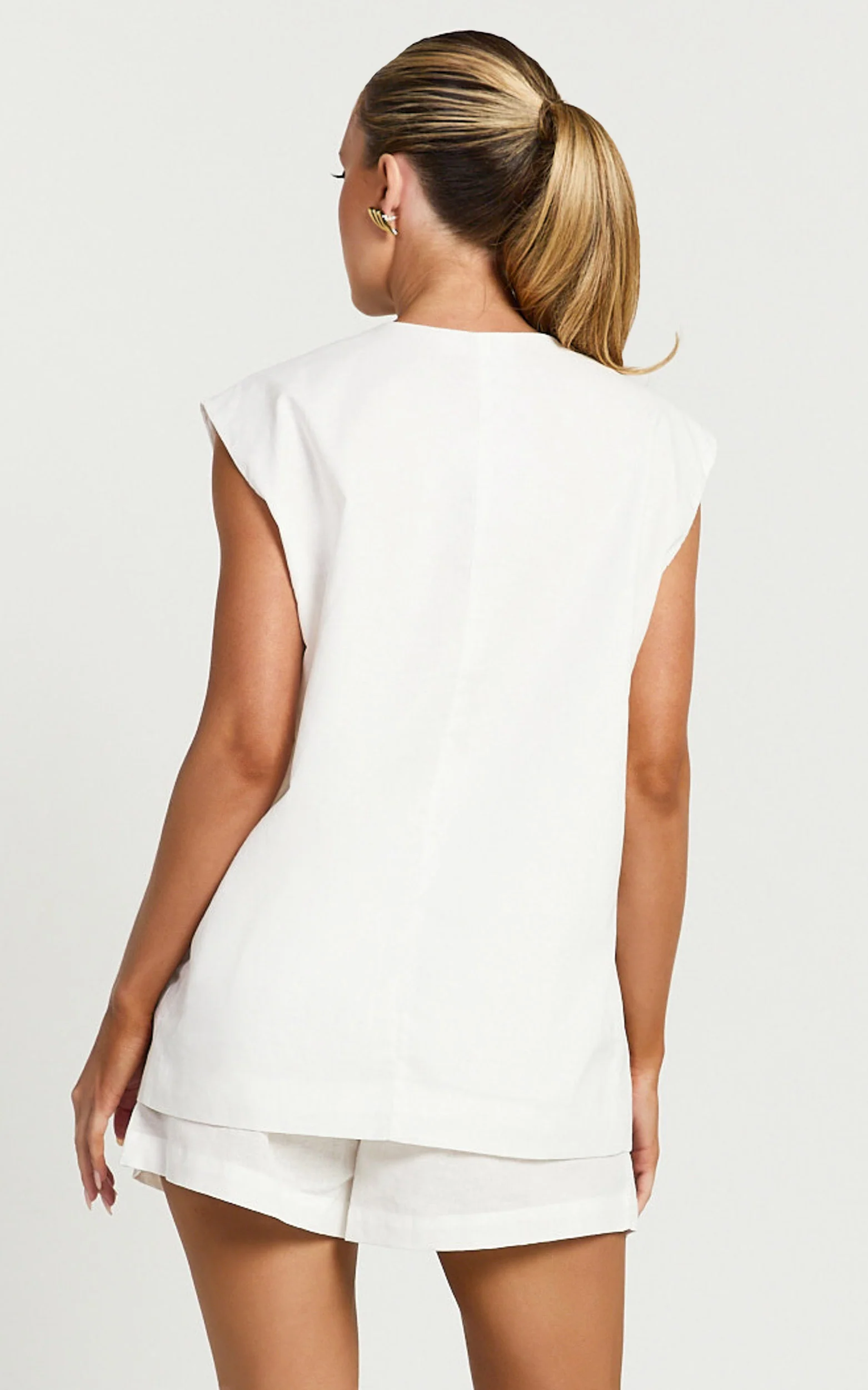 Marlee Two Piece Set - Linen Button Through Vest and Shorts Set in White - Image 7