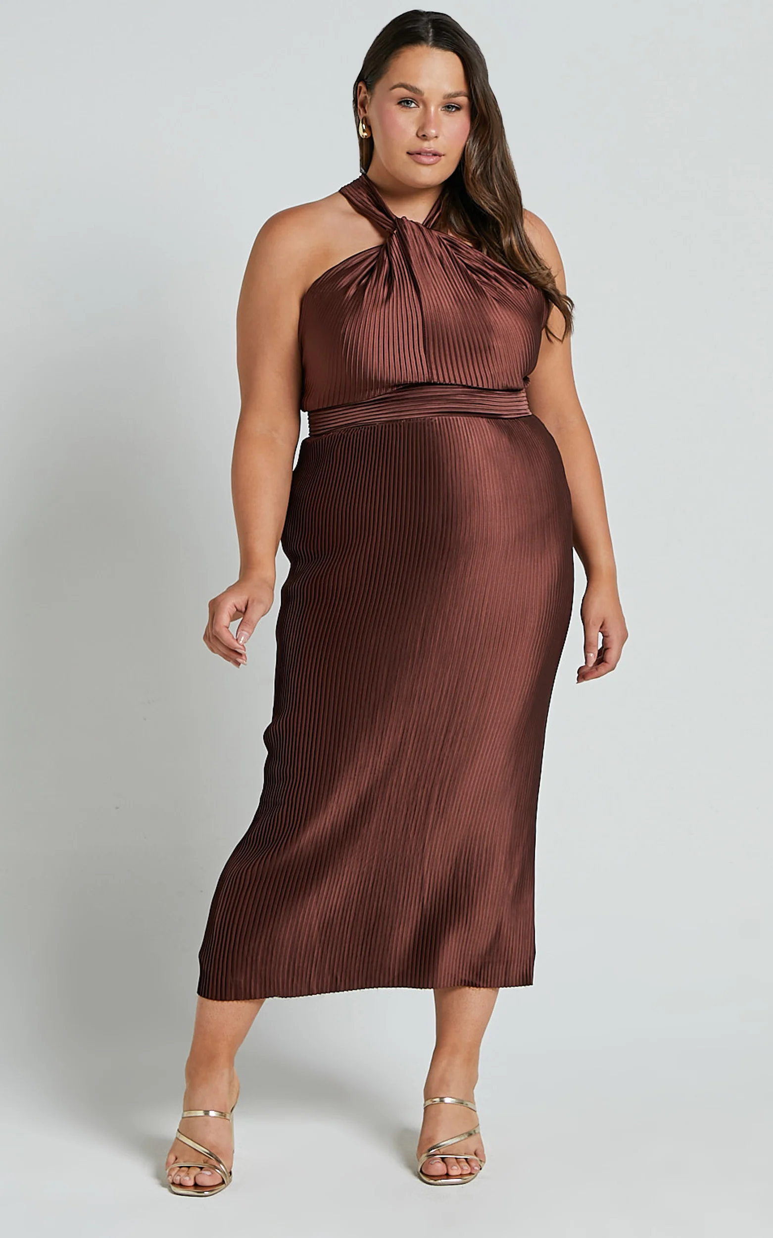 Marlette Midi Dress - Pleated Open Back Halter Dress in Chocolate - Image 2