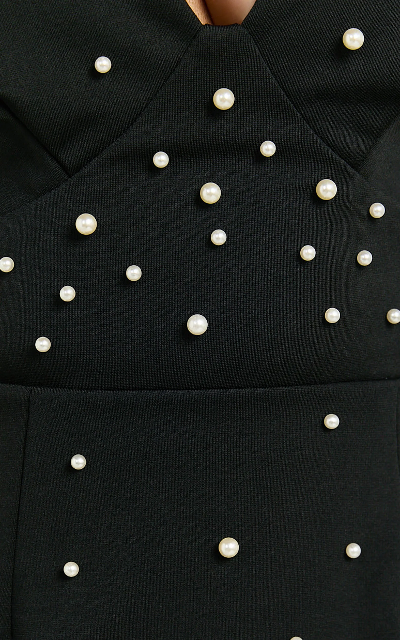 Marya Mini Dress - Pearl Detail Plunge Neck Dress in Black - Image 7