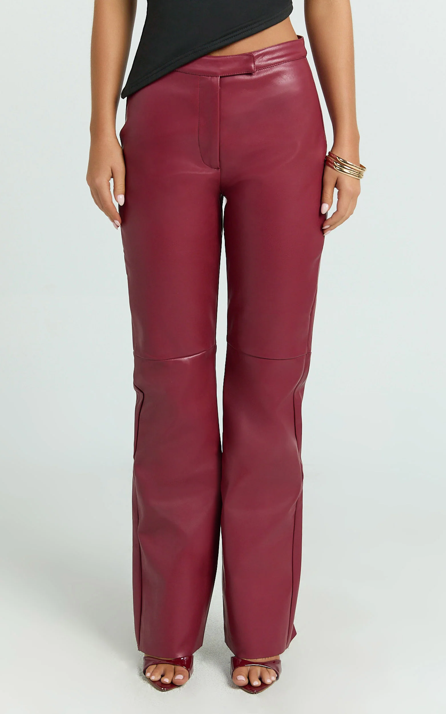 Marzia Pants - Faux Leather Mid Waisted Straight Leg Pants in Wine - Image 2