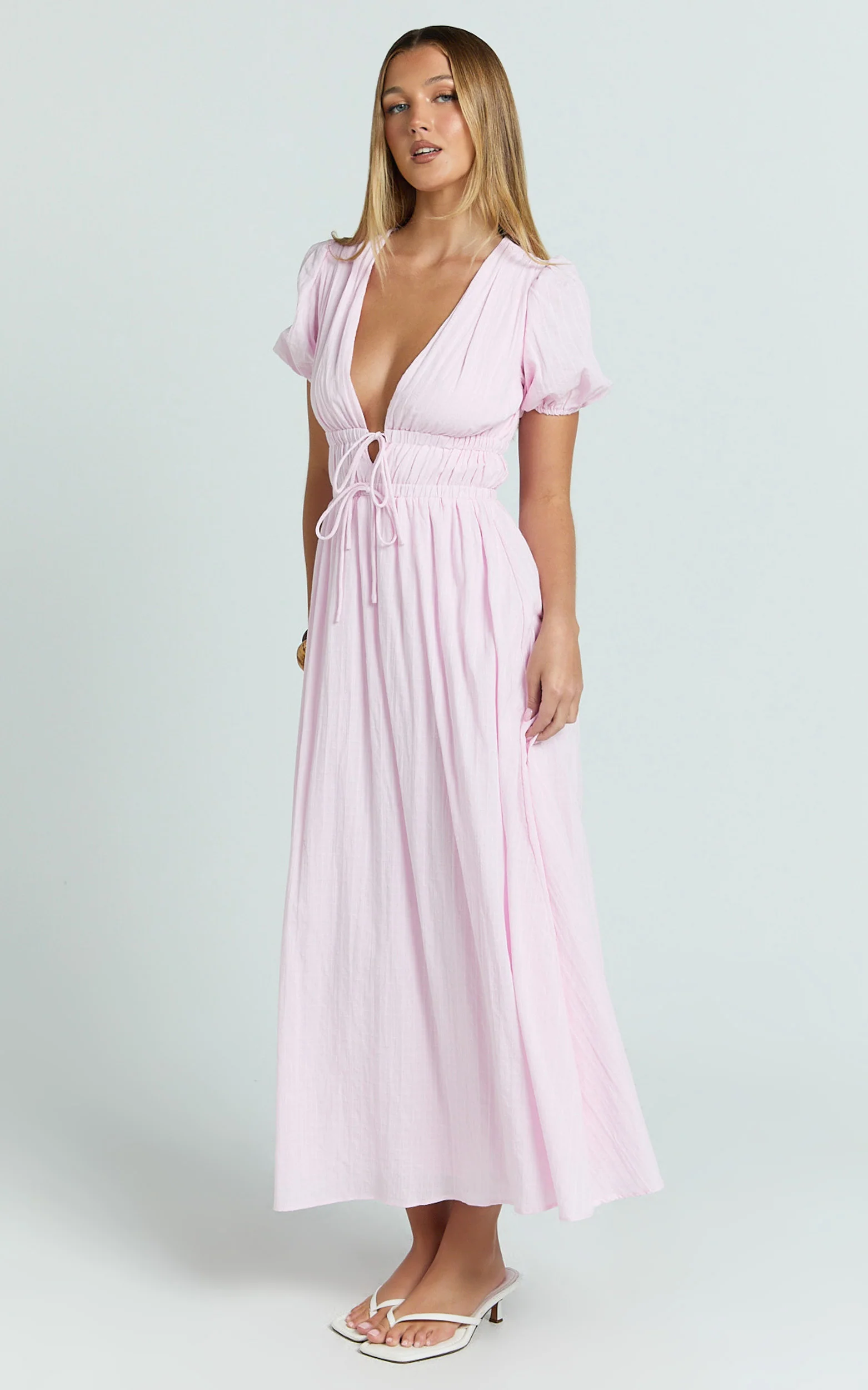 Matteo Midi Dress - Deep V Neck Puff Sleeve Dress in Pink - Image 2