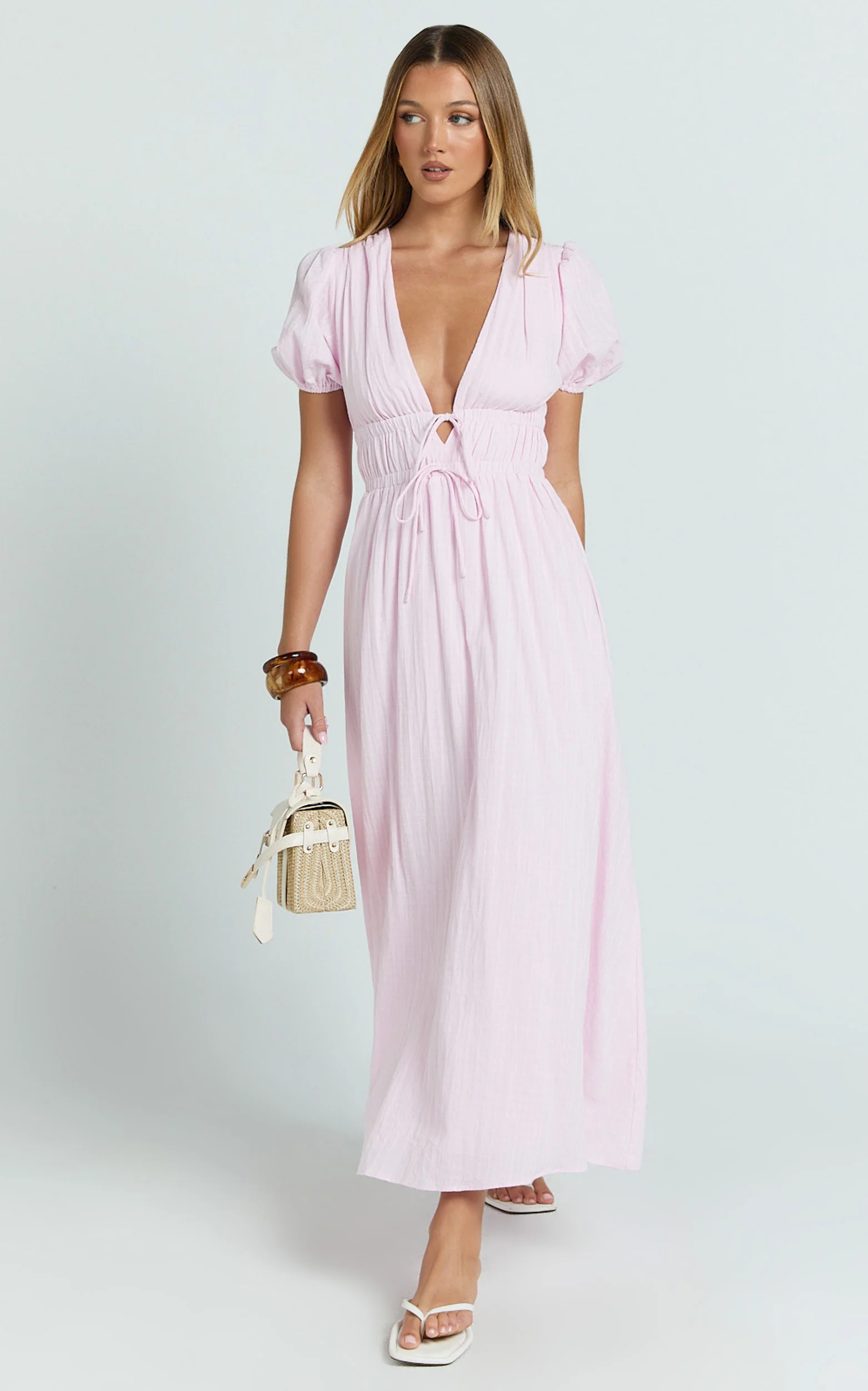 Matteo Midi Dress - Deep V Neck Puff Sleeve Dress in Pink - Image 3