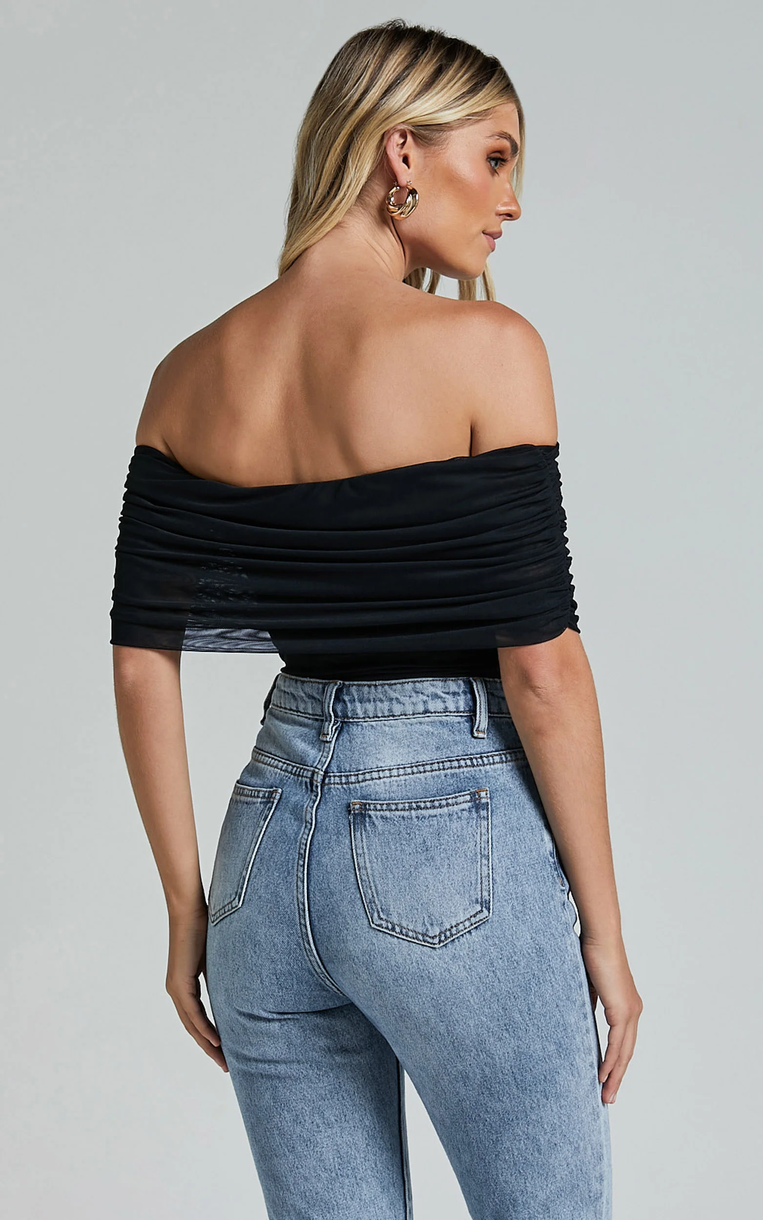 Maylene Bodysuit - Ruched Off The Shoulder Mesh Bodysuit in Black - Image 8
