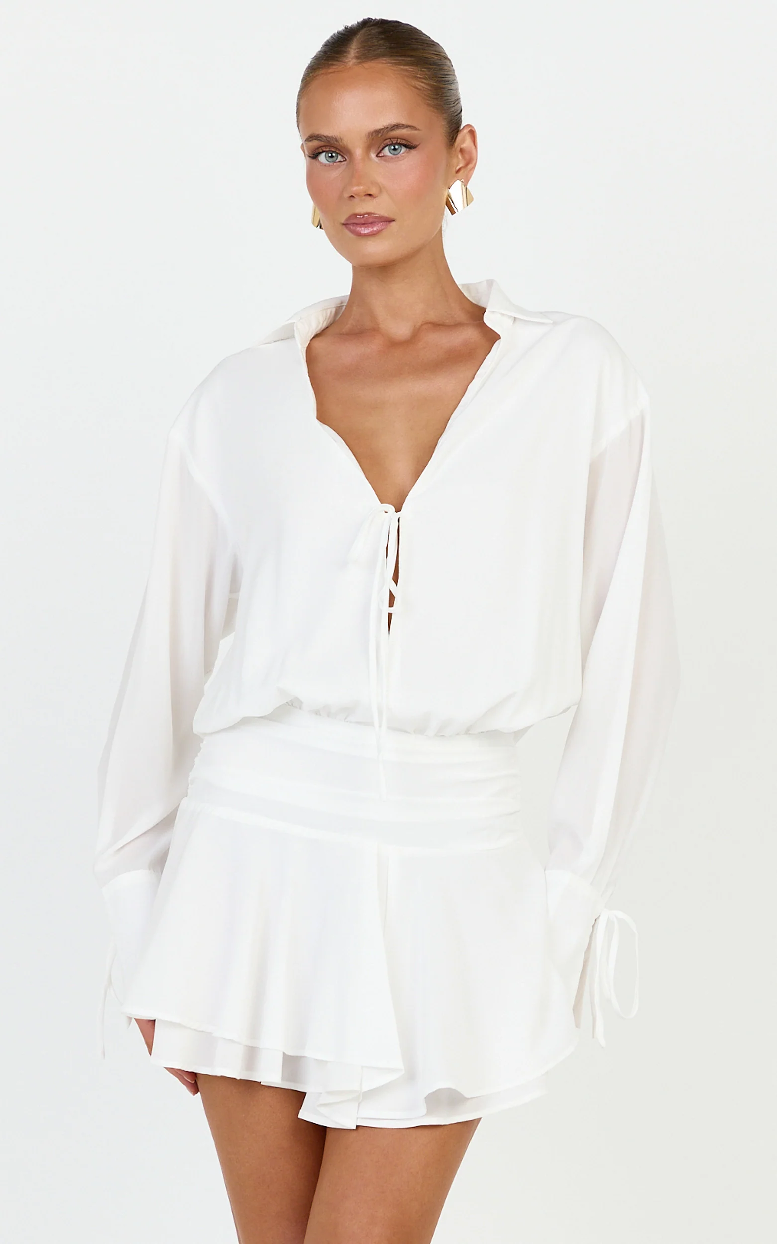 Melanie Mini Dress - Tie Front Long Sleeve Shirt Dress in White - Image 3