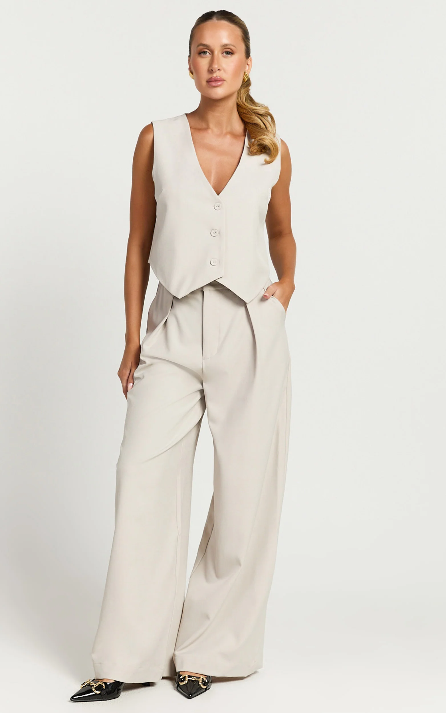 Melinda Top - Recycled Tailored Button Through Vest Top in Stone - Image 4