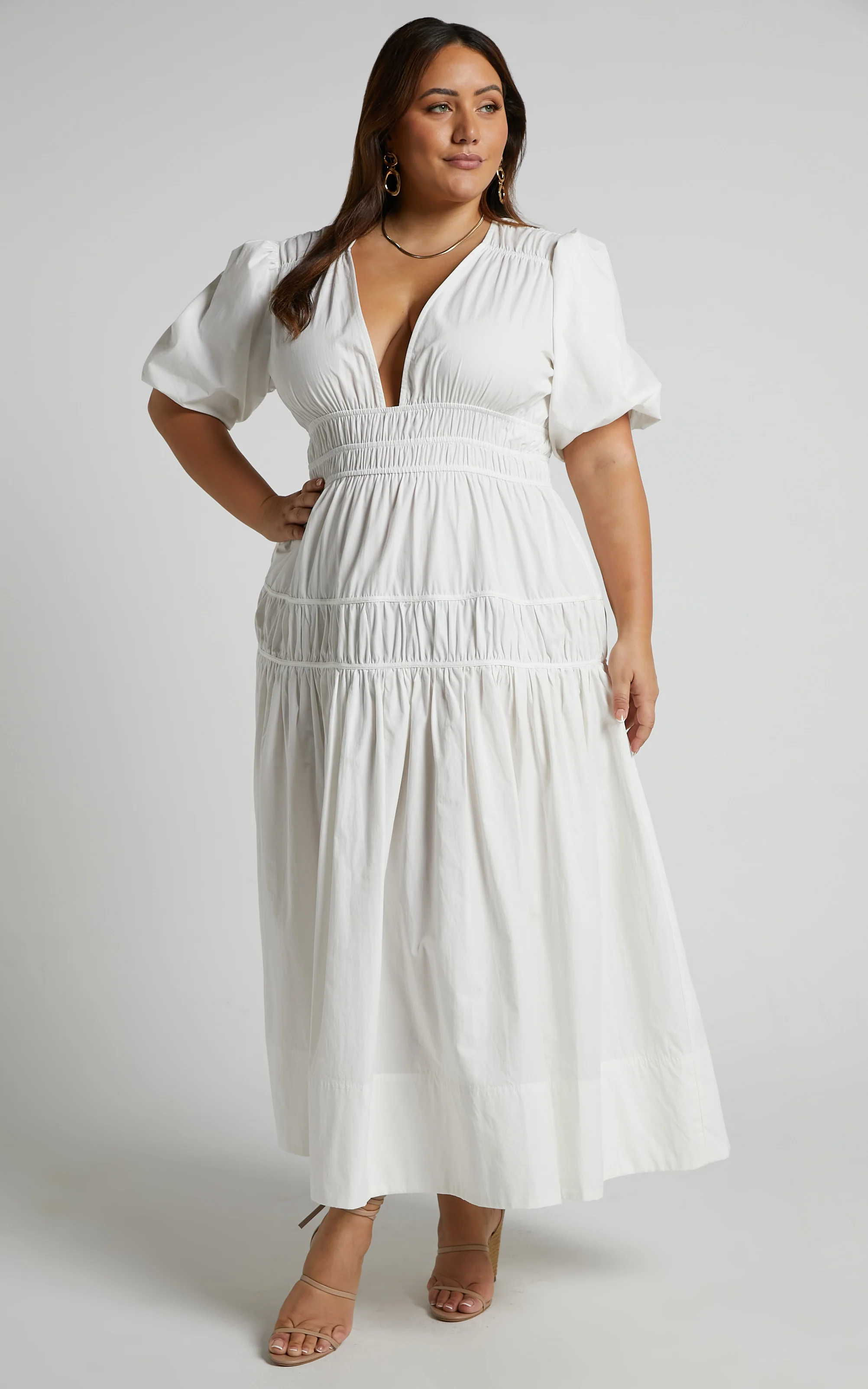 Mellie Midi Dress - Puff Sleeve Plunge Tiered Dress in White - Image 6