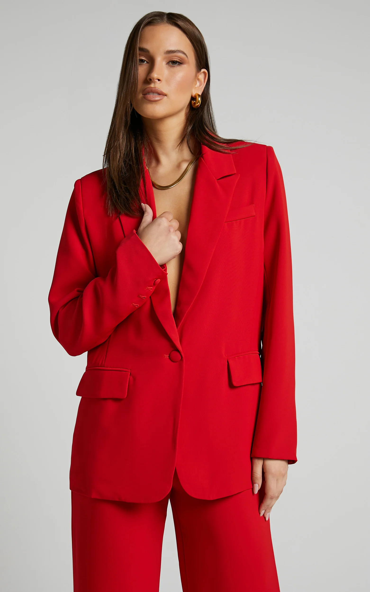 Michelle Blazer - Oversized Plunge Neck Button Up Blazer in Red - Image 6