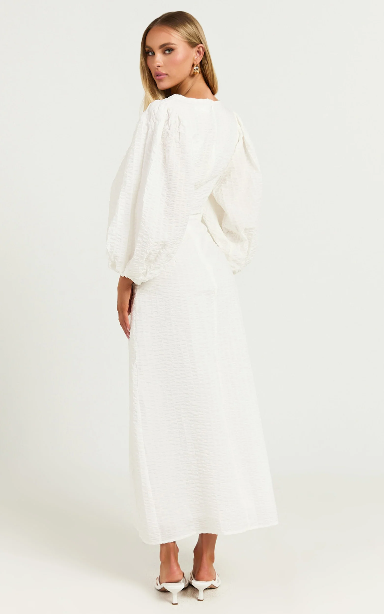 Miggy Midi Dress - Puff Sleeve Cut Out Split Dress in White - Image 8