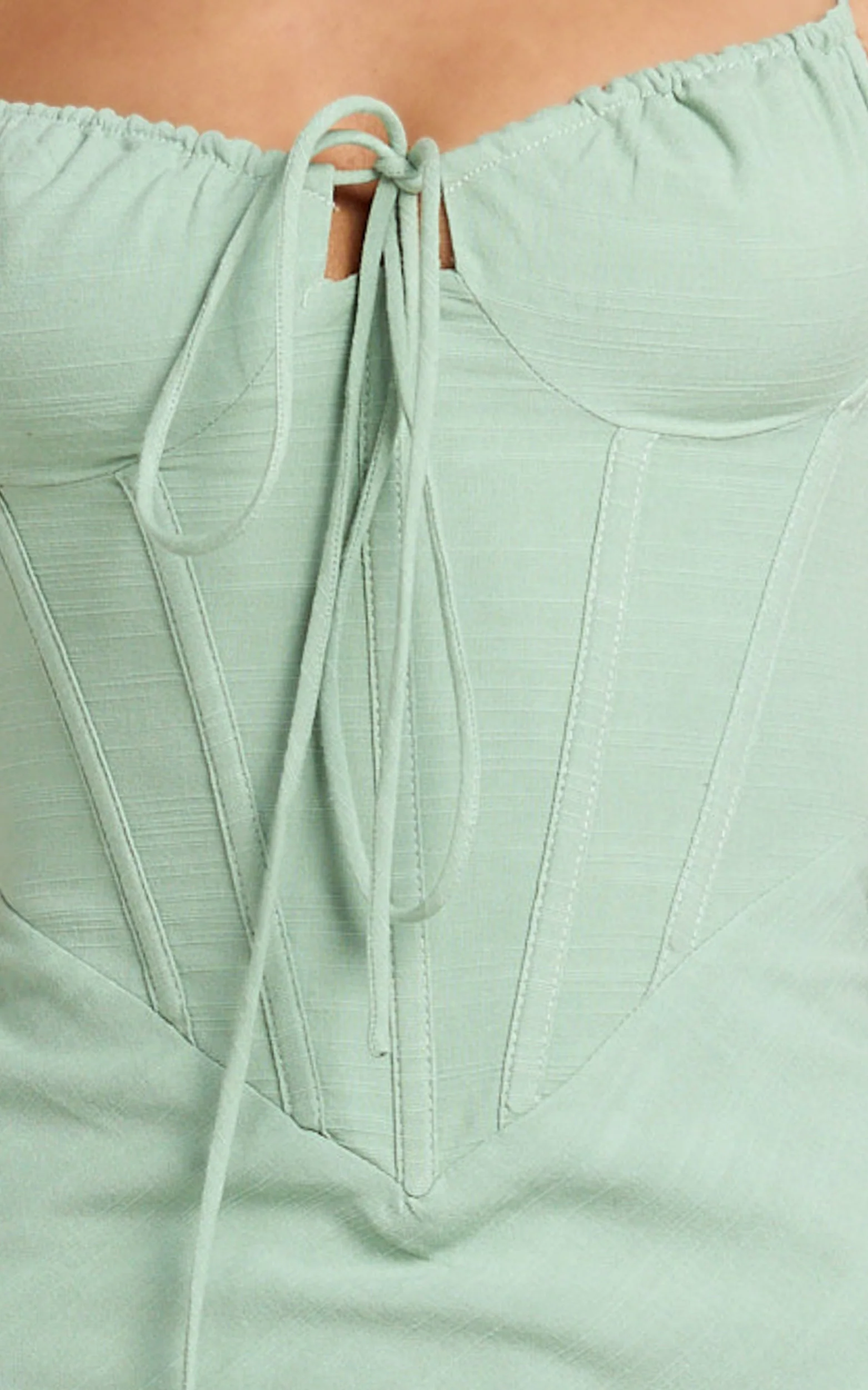 Mikayla Midi Dress - Linen Scoop Neck Ruched Bust Corset Waist Bias Skirt Dress in Sage - Image 7