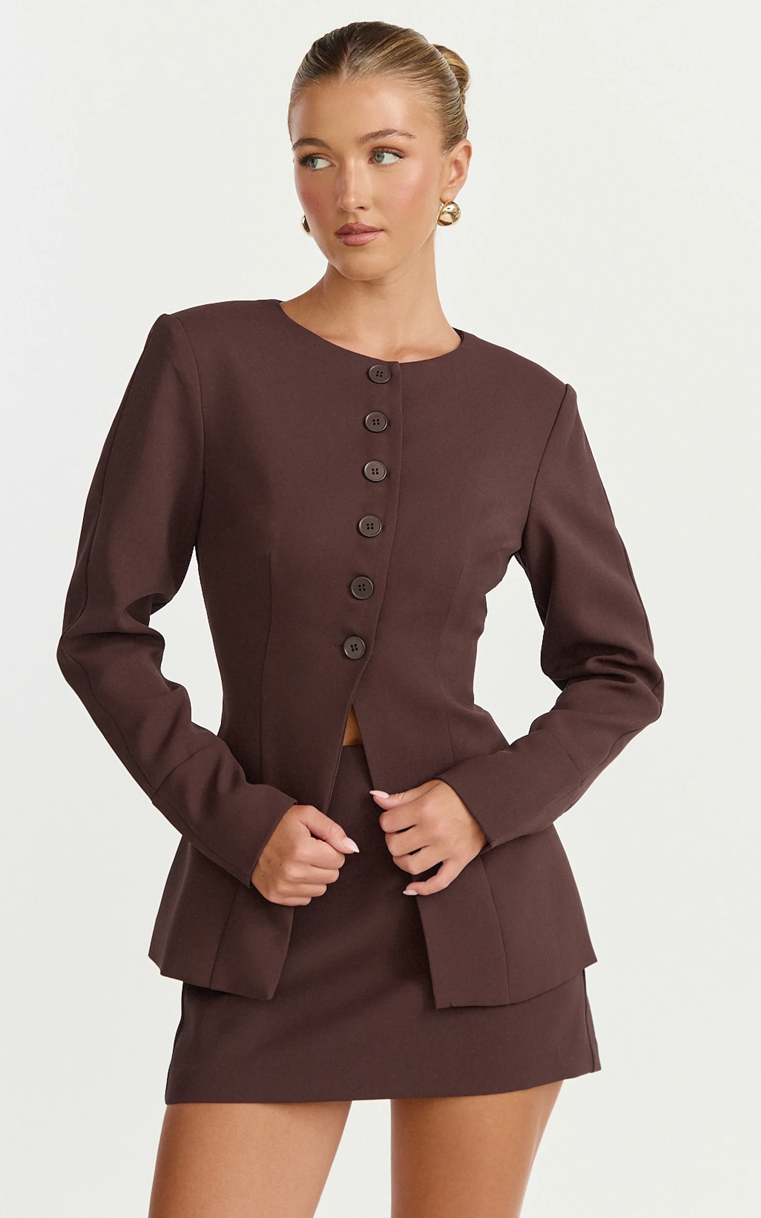 Mikey Jacket - Tailored Long Sleeve Collarless Jacket in Chocolate - Image 2