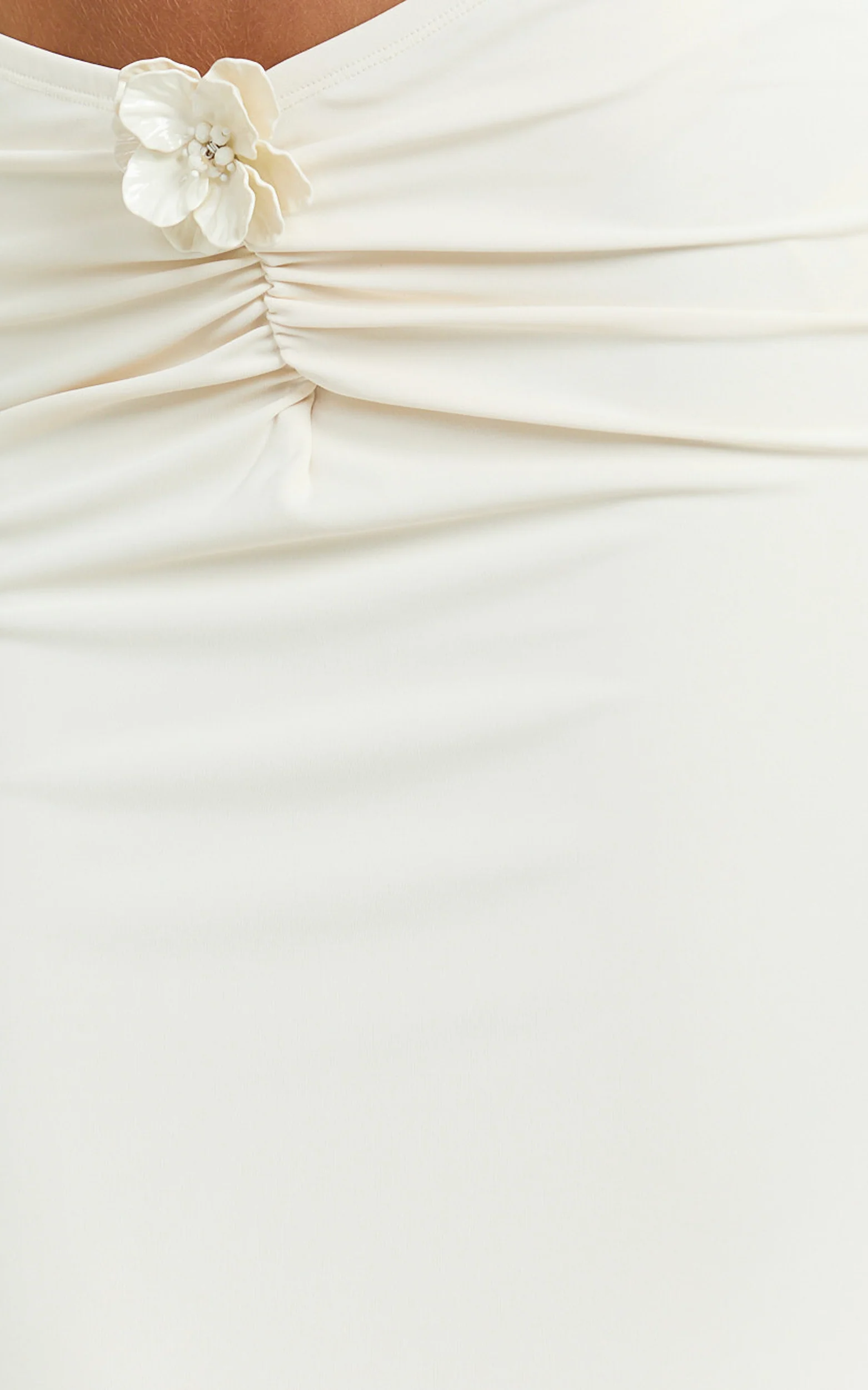 Mila Two Piece Top And Skirt Set - Asymmetric Cape Top And Ruched Floral Trim Maxi Skirt in Ivory - Image 6