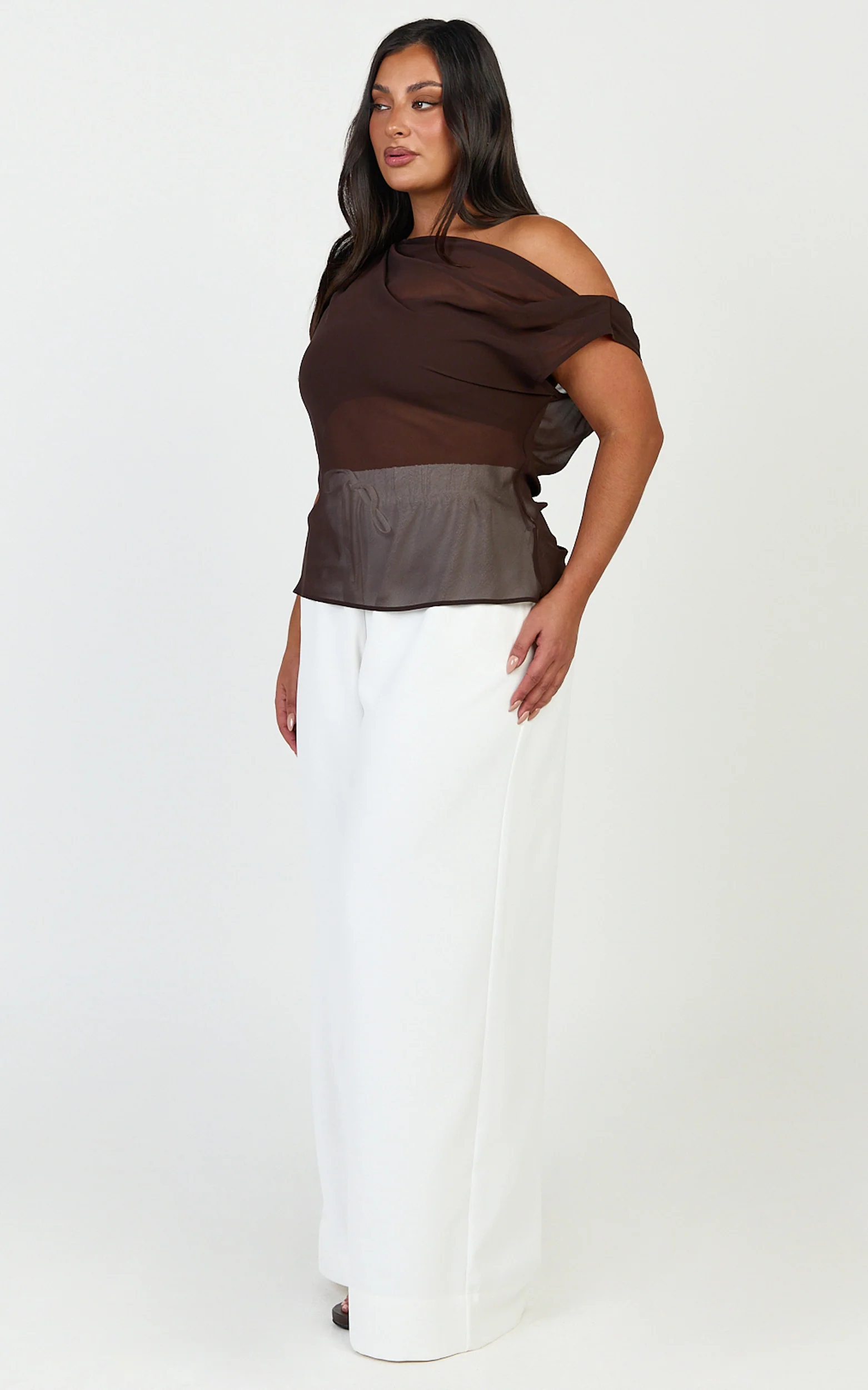 Milla Top - Georgette Asymmetric Draped Top in Chocolate - Image 6