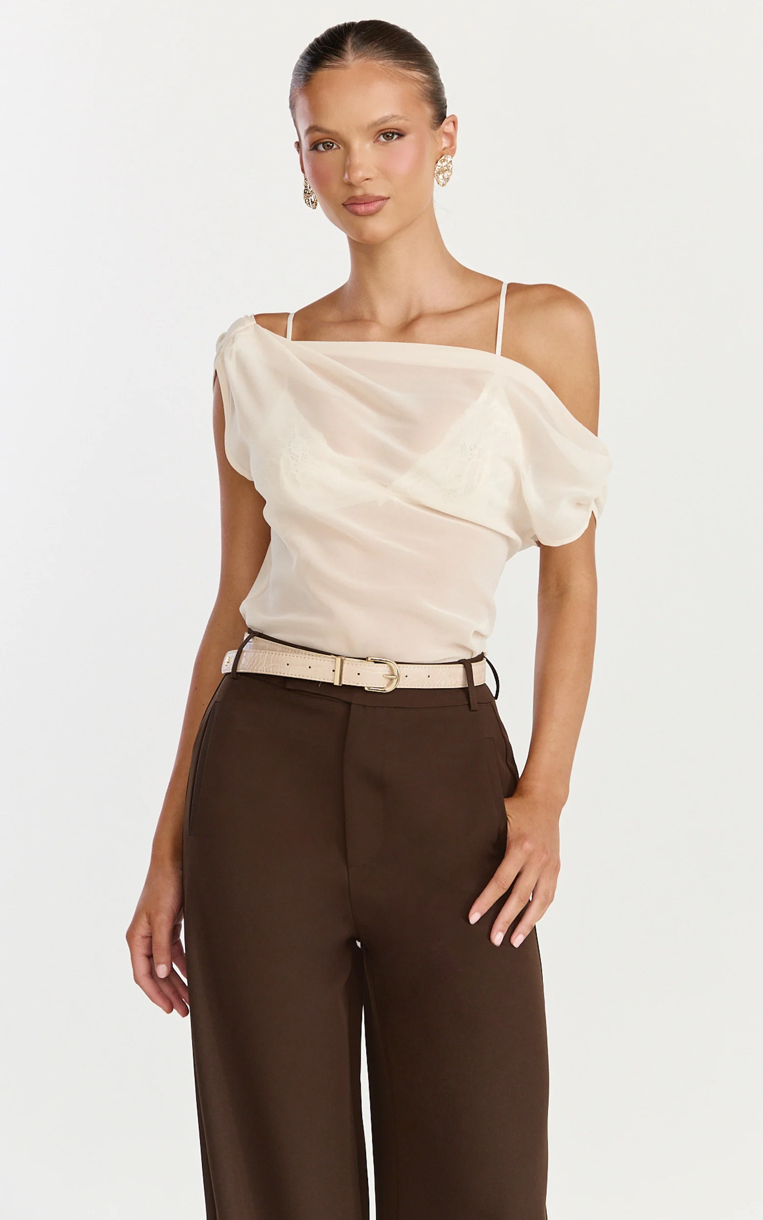 Milla Top - Georgette Asymmetric Draped Top in Cream - Image 2