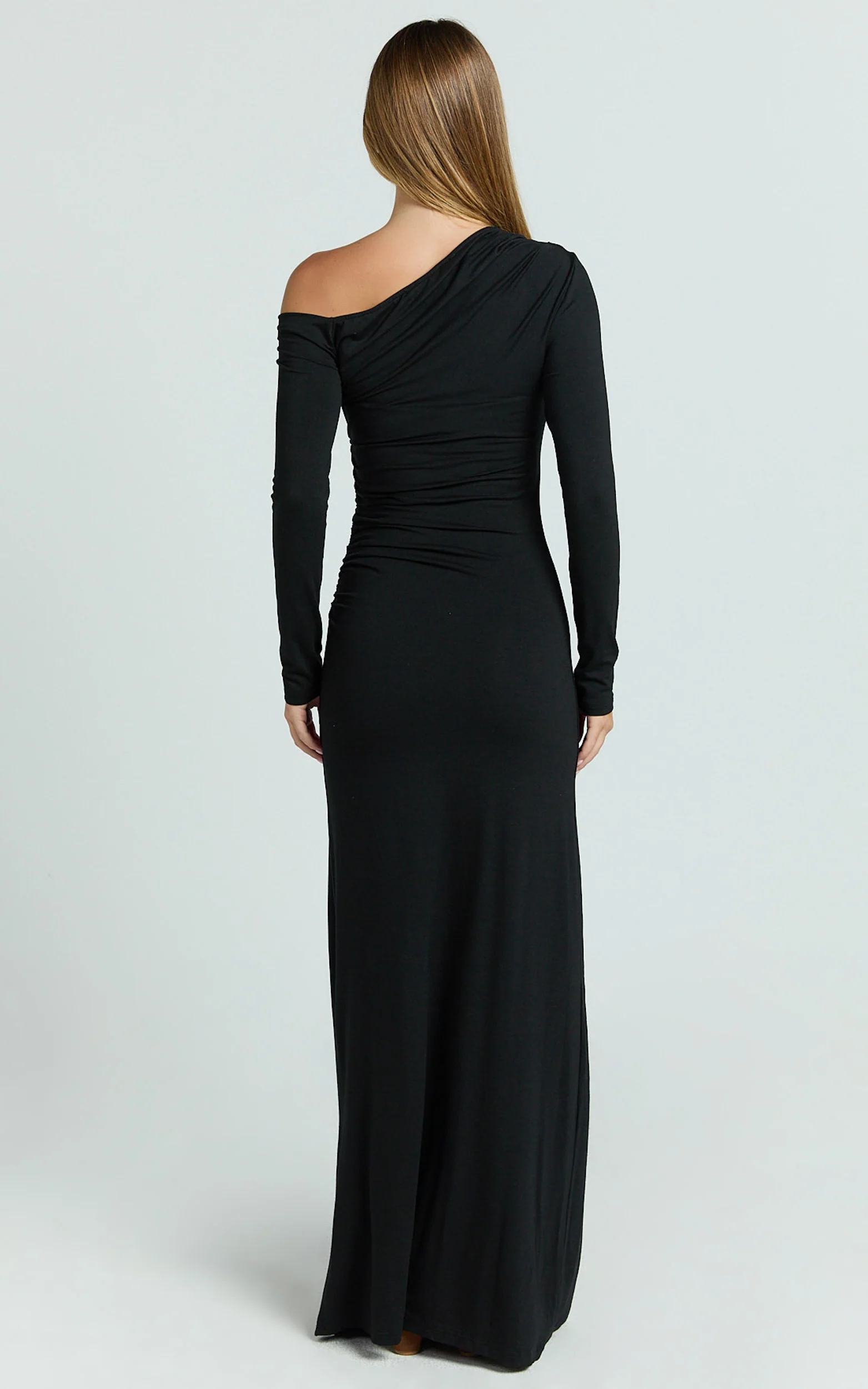 Milly Maxi Dress - Asymmetrical Off Shoulder Long Sleeve Side Ruching Maxi Dress in Black - Image 5
