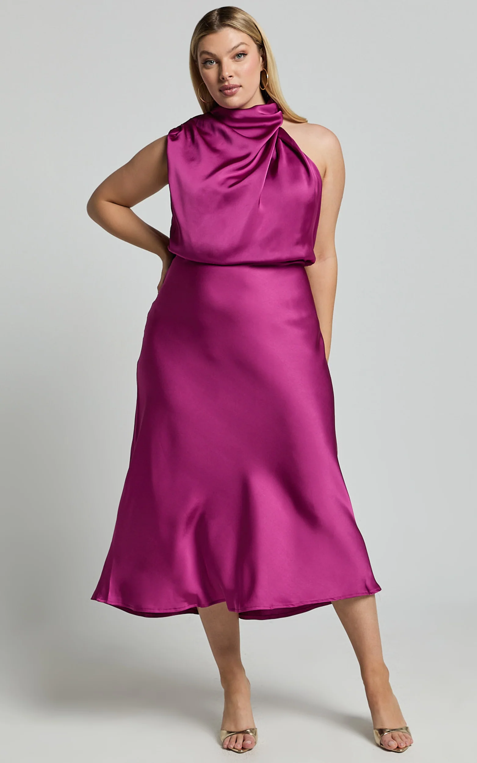 Minnie Midi Dress - Drape Neck Satin Slip Dress in Purple - Image 2