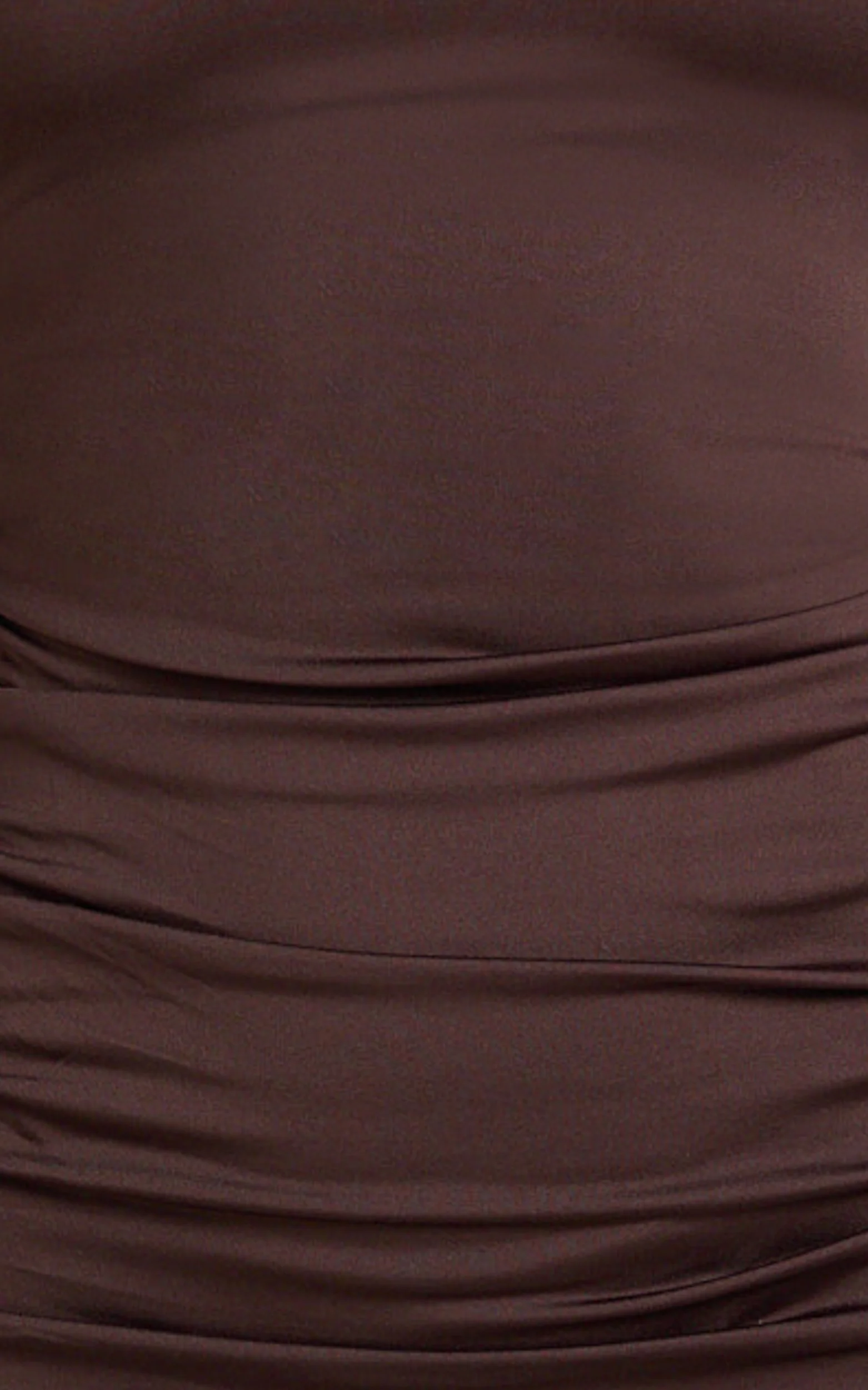 Misty Mini Dress - Wide Neckline Ruched Jersey Dress in Brown - Image 7