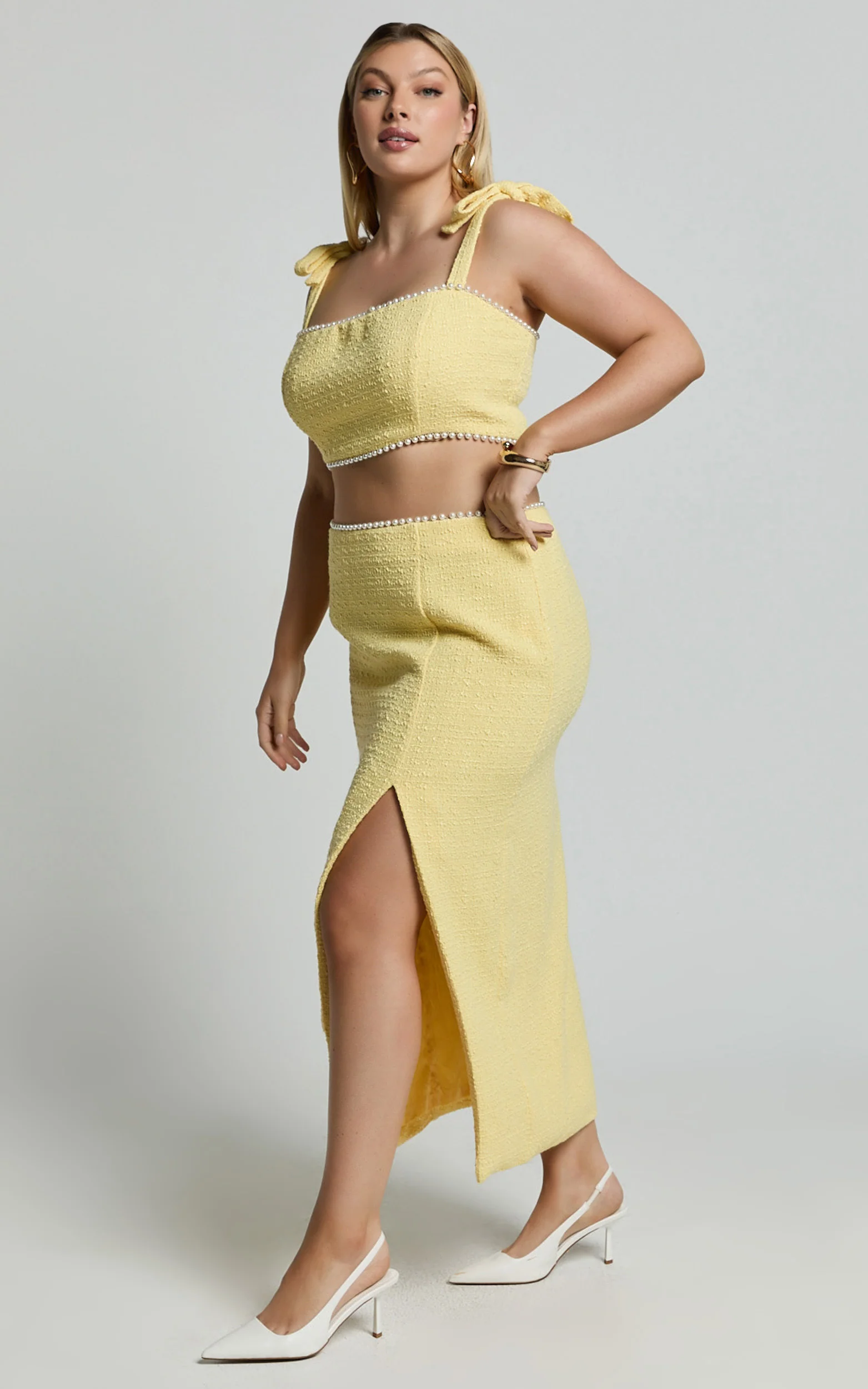 Mitzy Two Piece Set - Boucle Pearl Detail Crop And Faux Wrap Midi Skirt Set in Lemon - Image 6