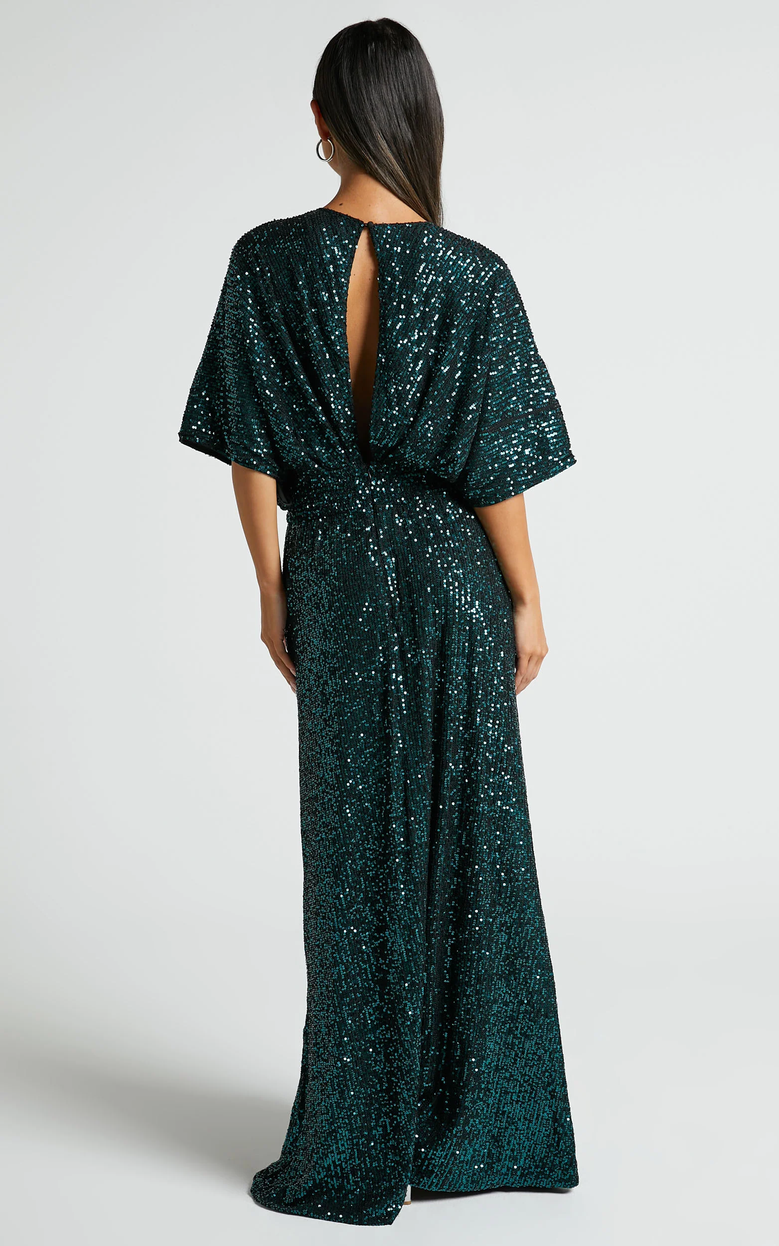 Miyah Maxi Dress - Sequin Plunge Short Sleeve Dress in Emerald - Image 7
