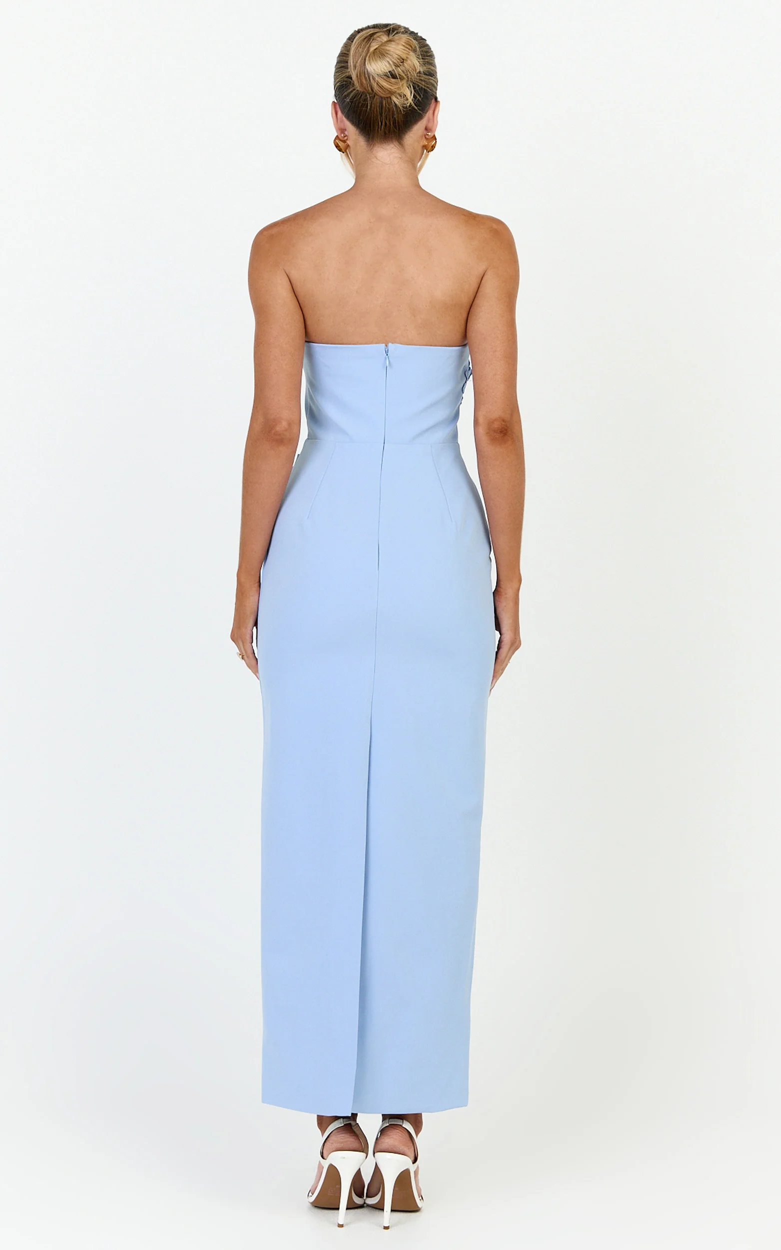 Moana Maxi Dress - Strapless Floral Embellished Structured Column Dress in Soft Blue - Image 5