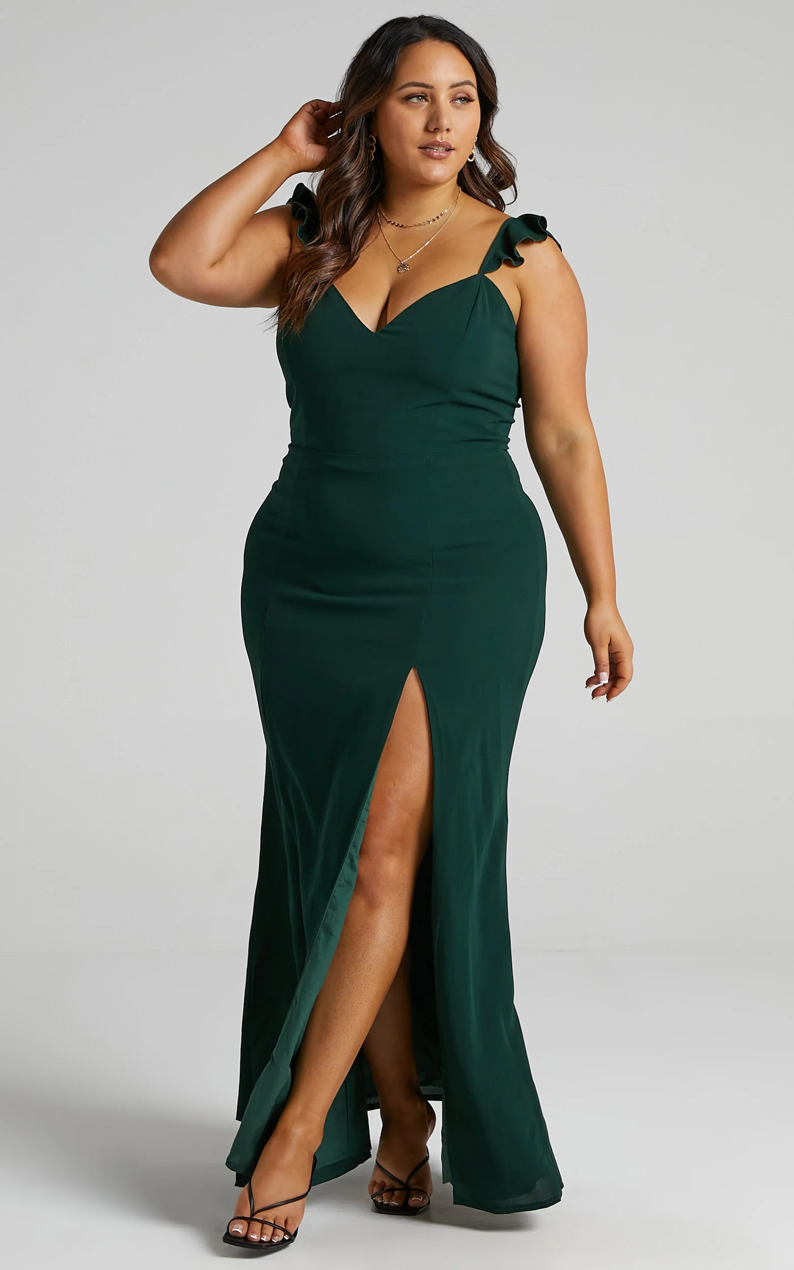 More Than This Maxi Dress - Ruffle Strap Thigh Split Dress in Emerald - Image 4