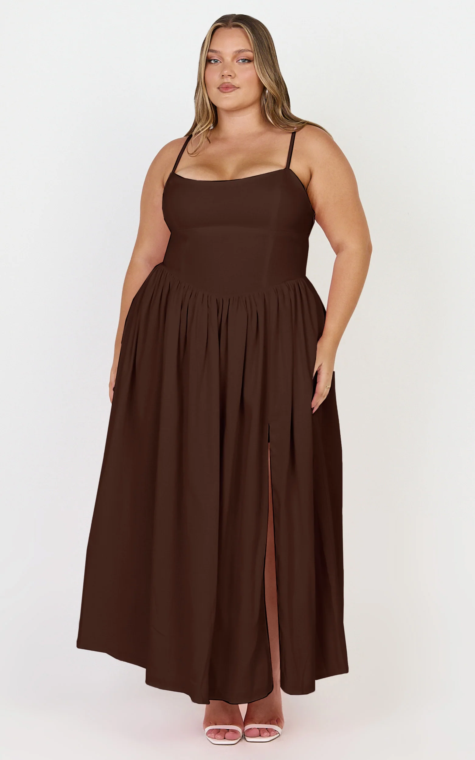 Morris Midi Dress - Linen Scoop Neck Gathered Dress in Chocolate - Image 4