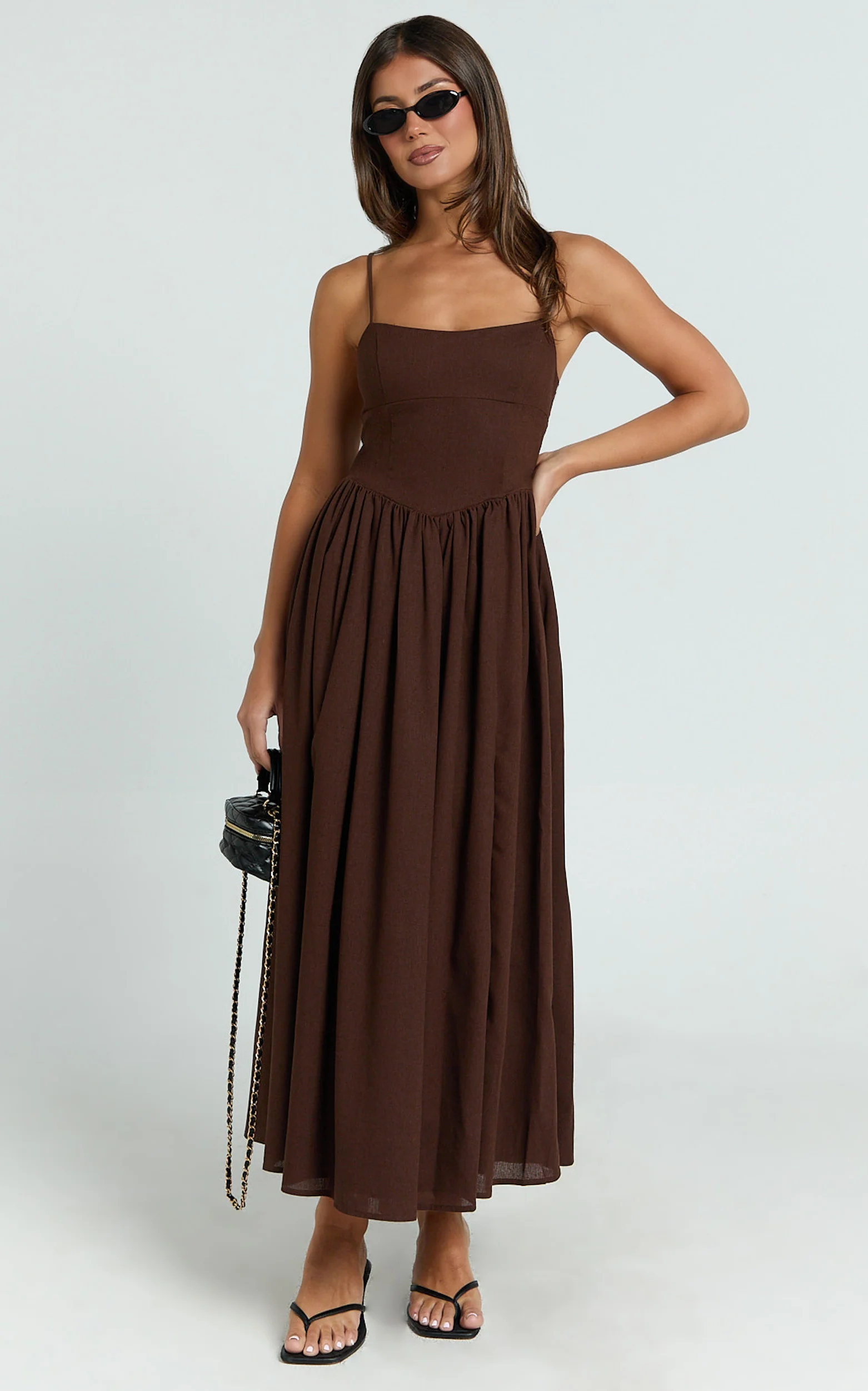 Morris Midi Dress - Linen Scoop Neck Gathered Dress in Chocolate - Image 5