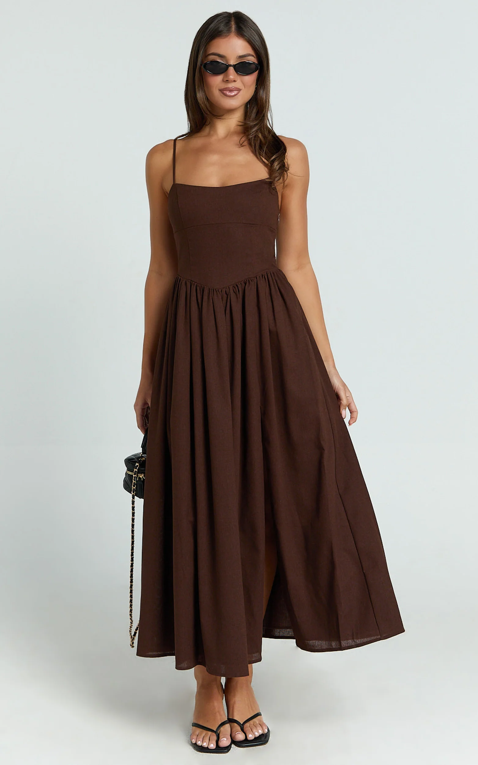 Morris Midi Dress - Linen Scoop Neck Gathered Dress in Chocolate - Image 6