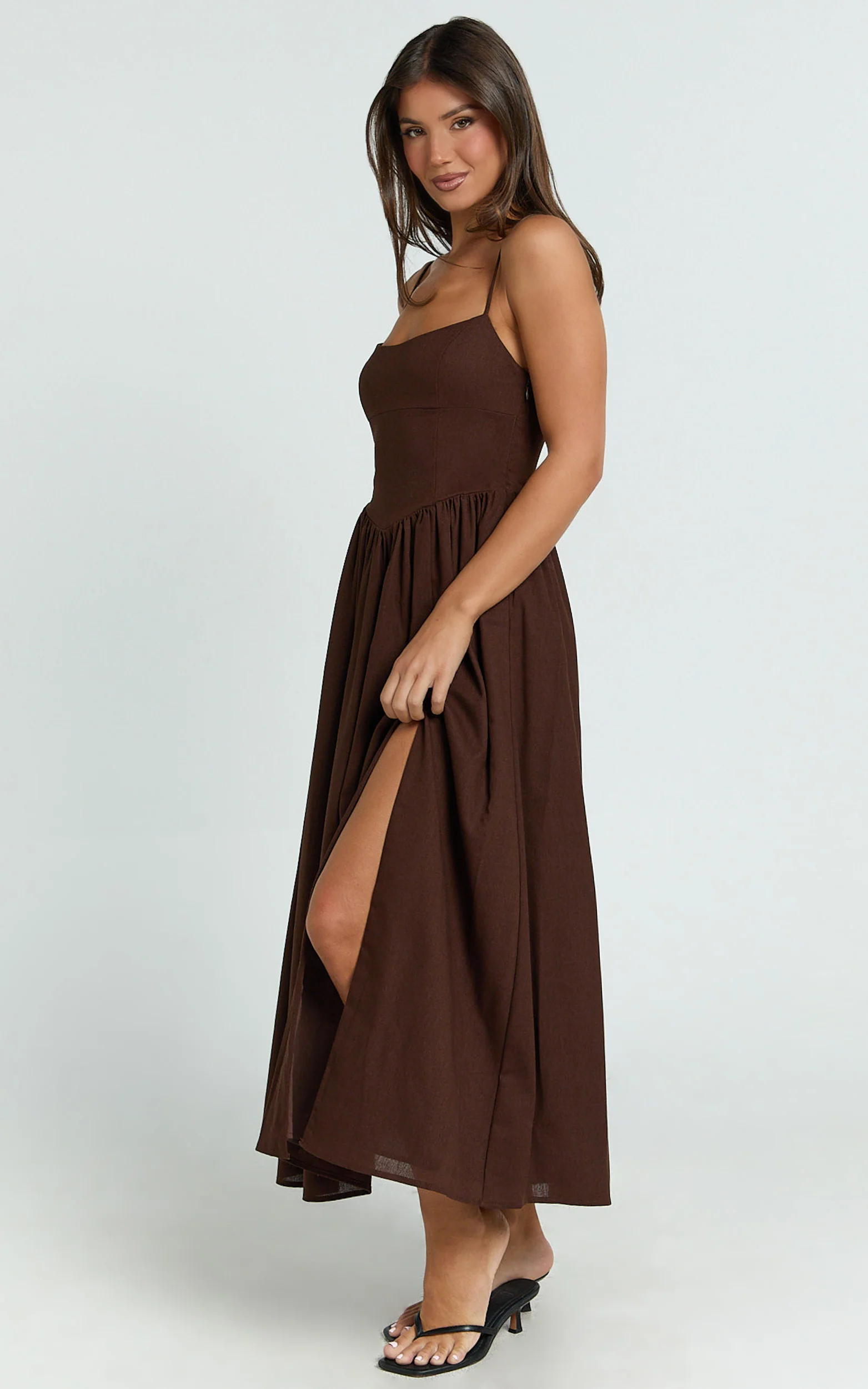 Morris Midi Dress - Linen Scoop Neck Gathered Dress in Chocolate - Image 7