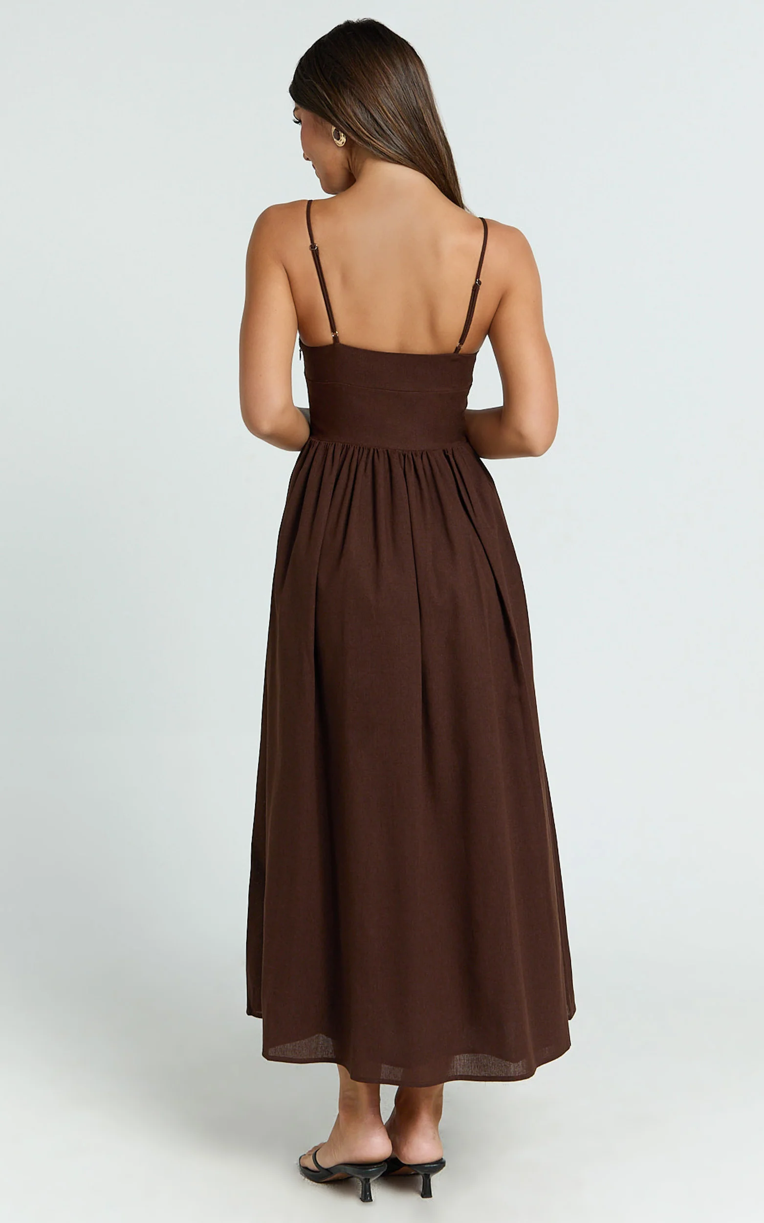 Morris Midi Dress - Linen Scoop Neck Gathered Dress in Chocolate - Image 8