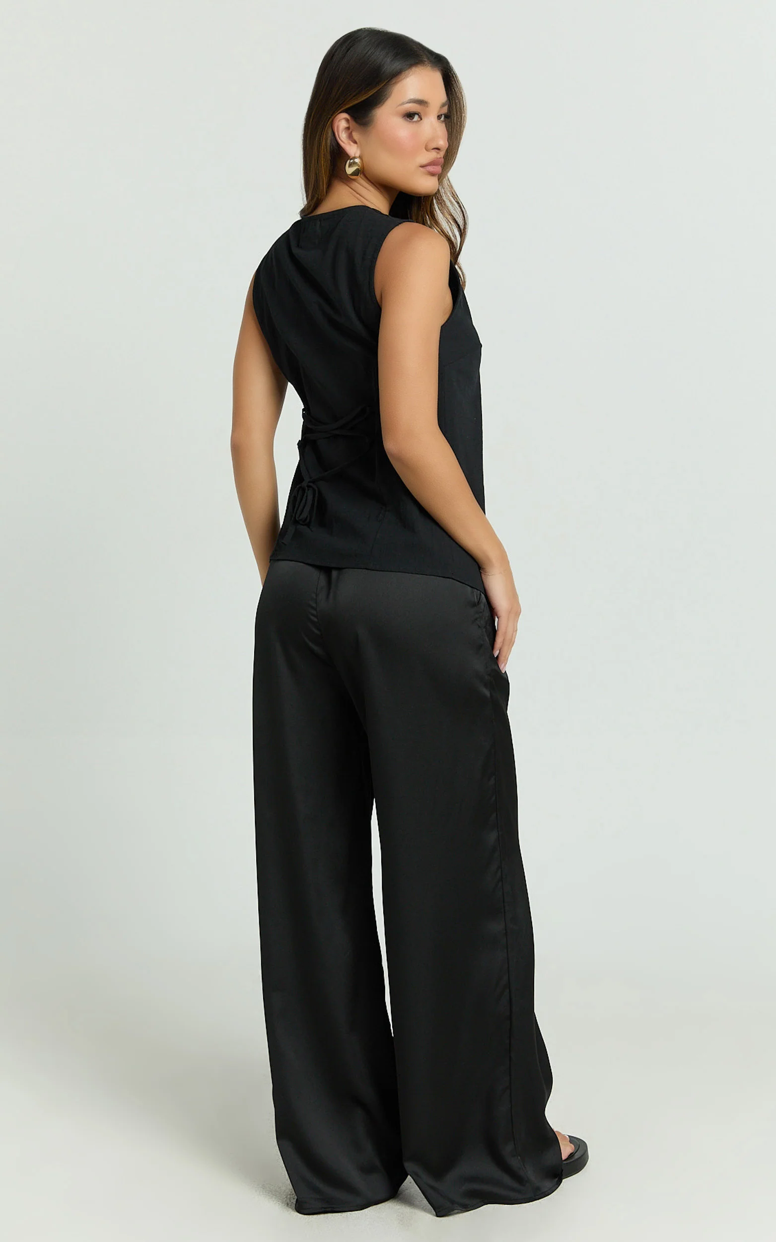 Myrna Two Piece Set - Gold Hardware Waistcoat Top and Relaxed Satin Pants Set in Black - Image 6