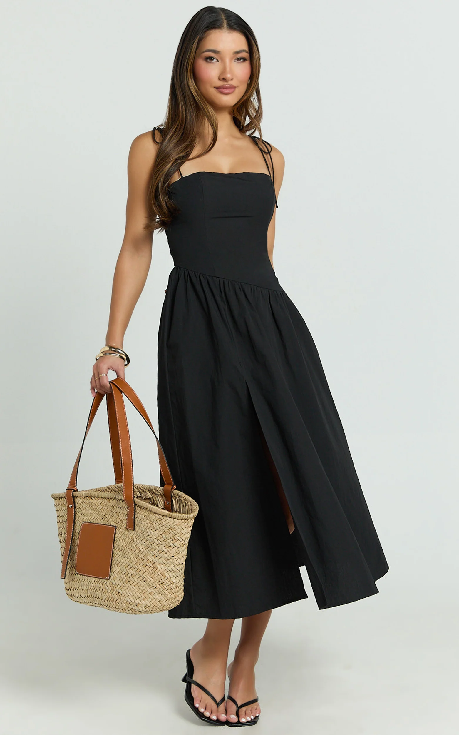 Myrtle Midi Dress - Straight Neck Curved Drop Waist Gathered Full Skirt Dress in Black - Image 3