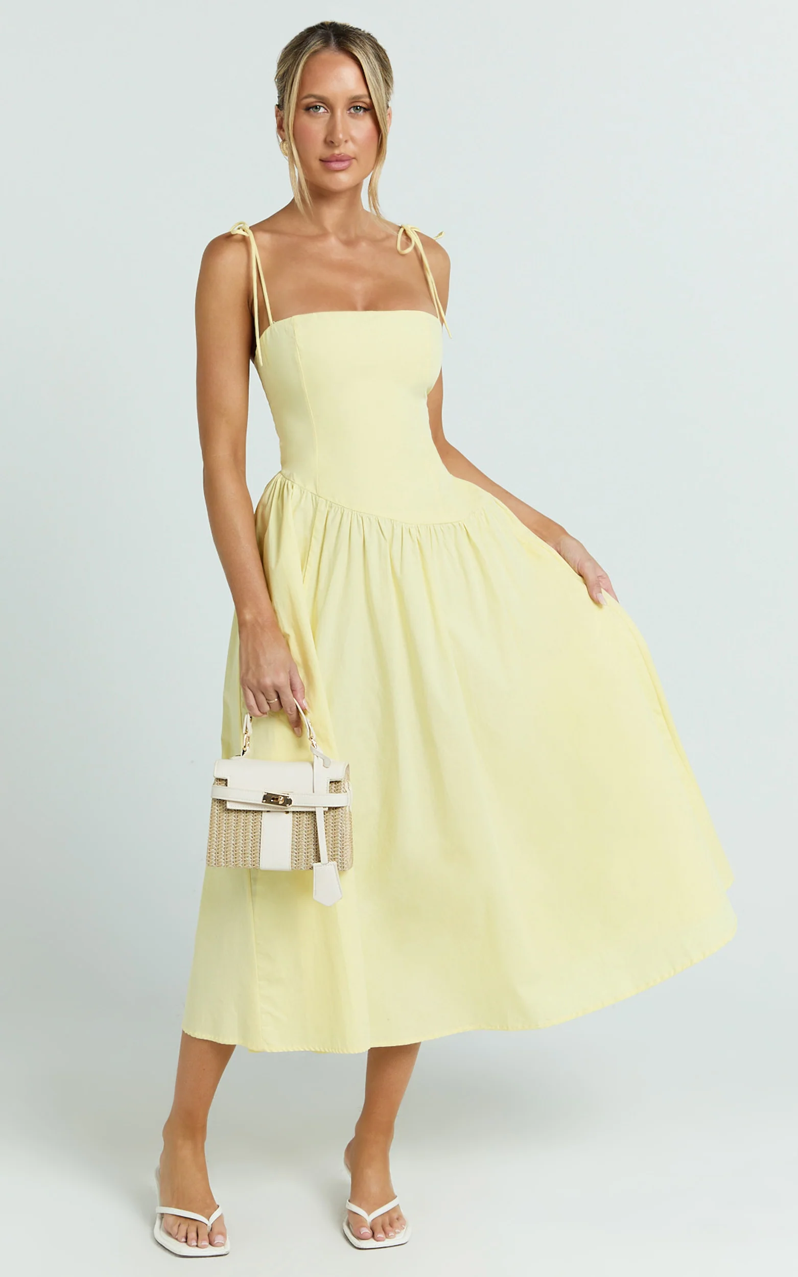 Myrtle Midi Dress - Straight Neck Curved Drop Waist Gathered Full Skirt Dress in Lemon - Image 4