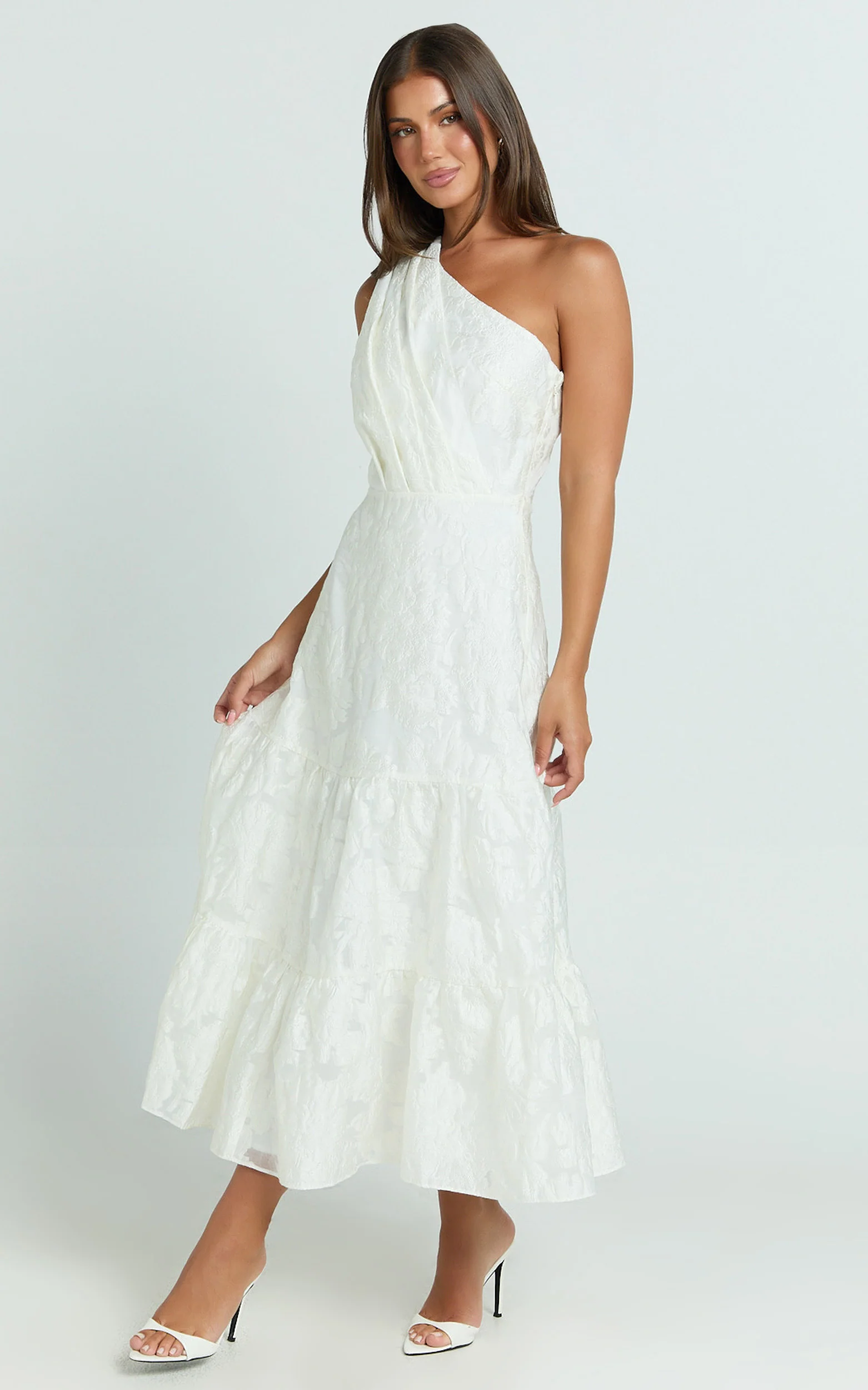 Nadette Midi Dress - One Shoulder Pleated Tiered Dress in White - Image 2