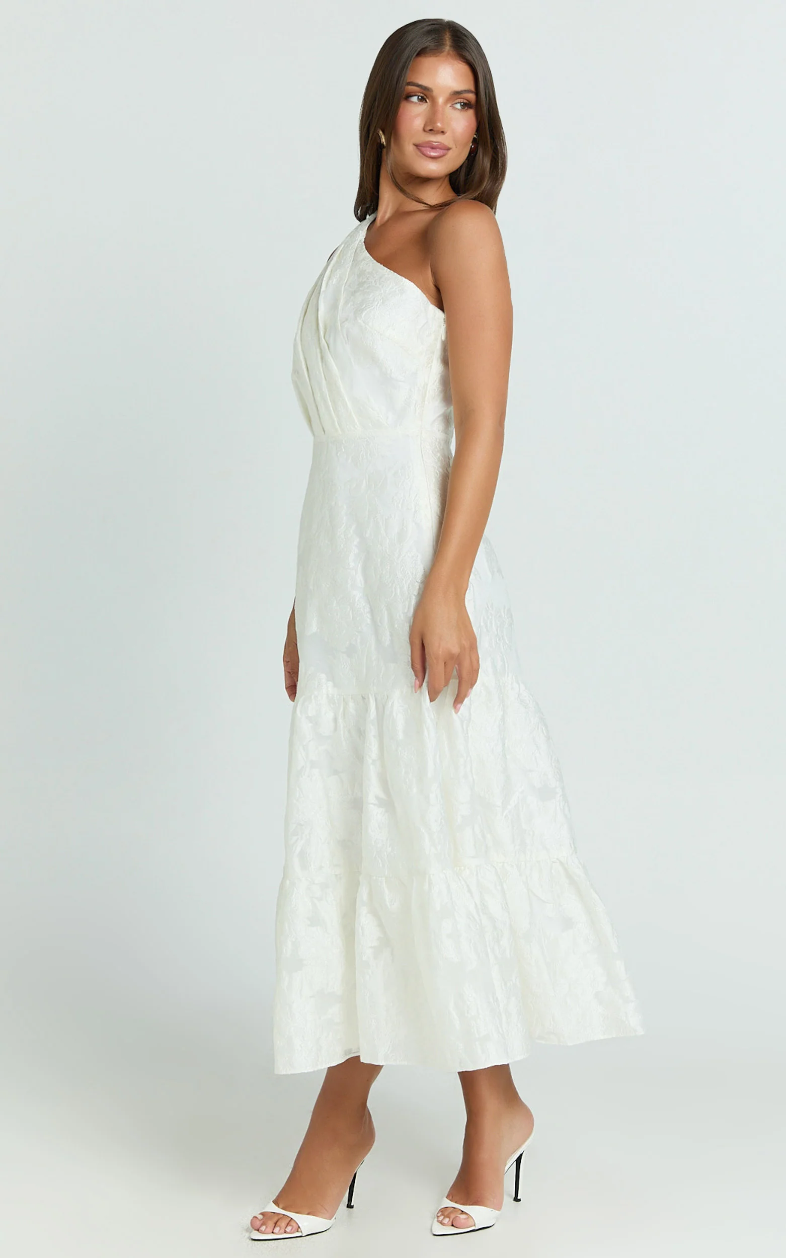Nadette Midi Dress - One Shoulder Pleated Tiered Dress in White - Image 3