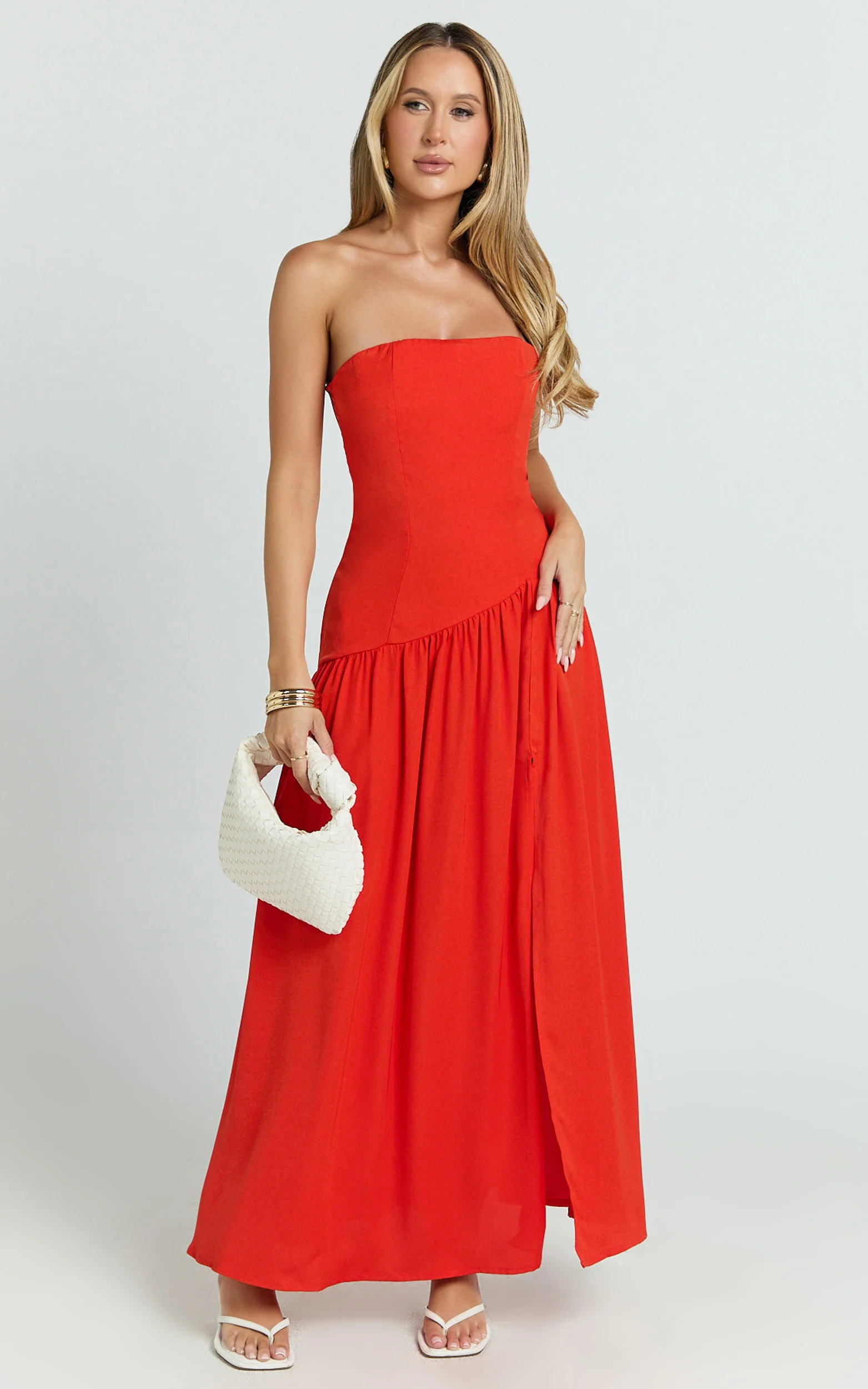 Nadiane Midi Dress - Strapless Asymmetric Drop Waist Dress in Orange - Image 3