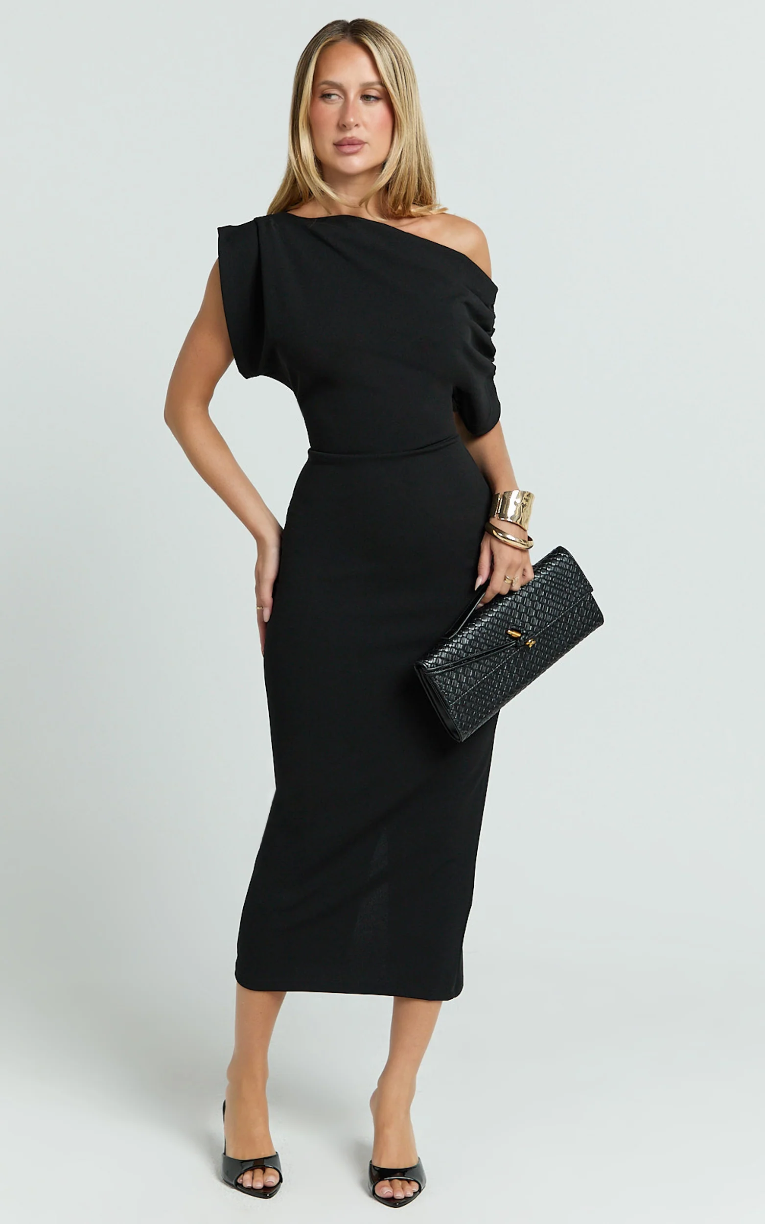 Nalfie Midi Dress - Tipped Shoulder Jersey Drape Dress in Black - Image 5