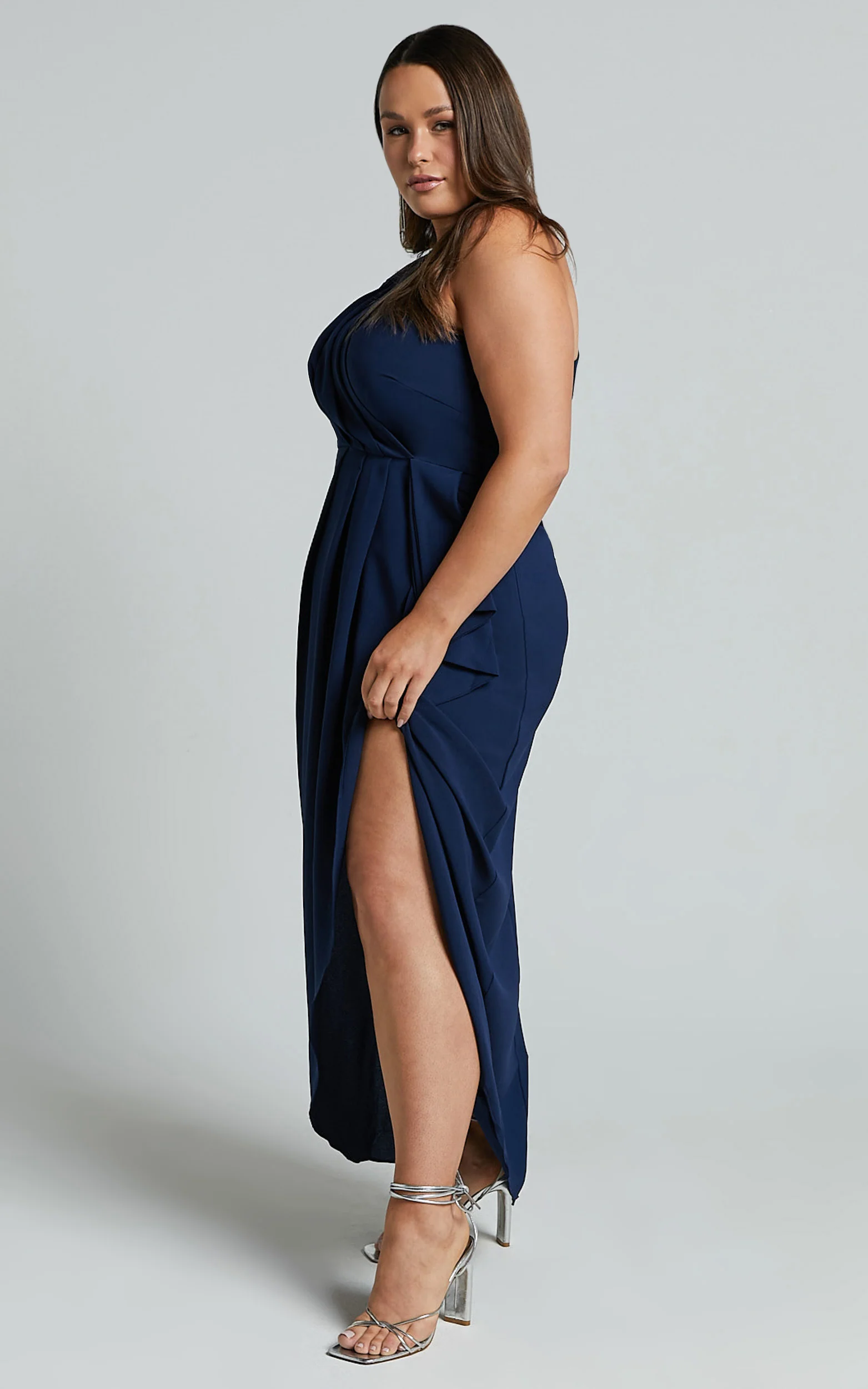 Namaari Midi Dress - Faux Wrap One Shoulder Dress in Navy - Image 6