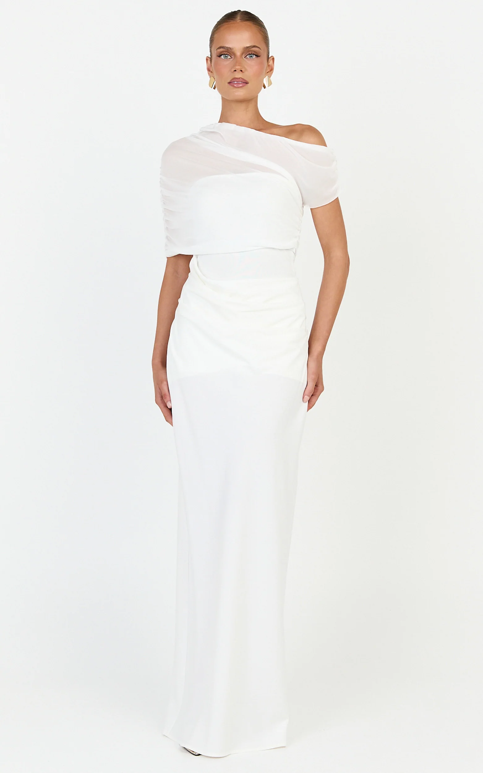Nami Maxi Dress - Overlay Off Shoulder Draped Cowl Waist Dress in White - Image 4