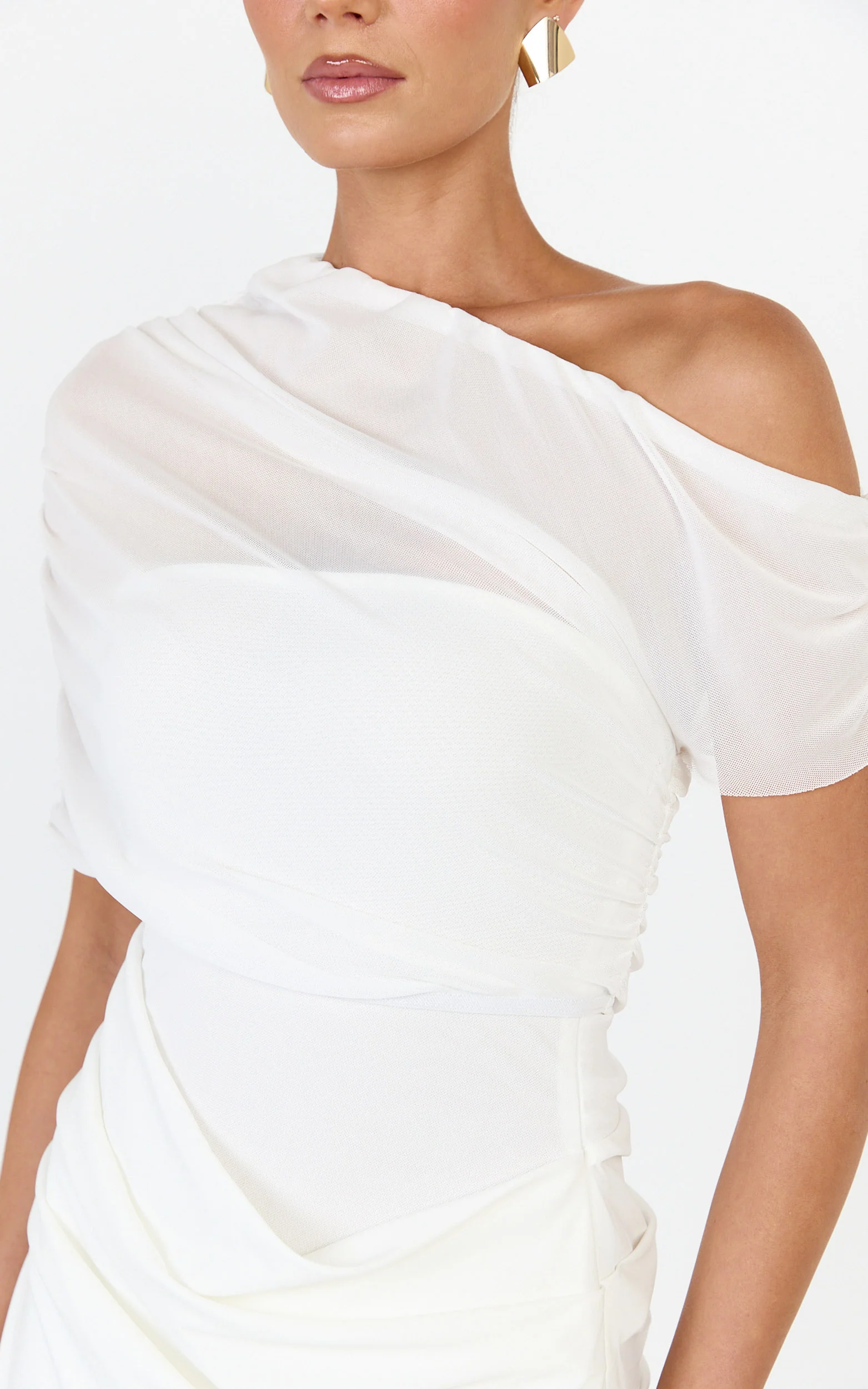 Nami Maxi Dress - Overlay Off Shoulder Draped Cowl Waist Dress in White - Image 6