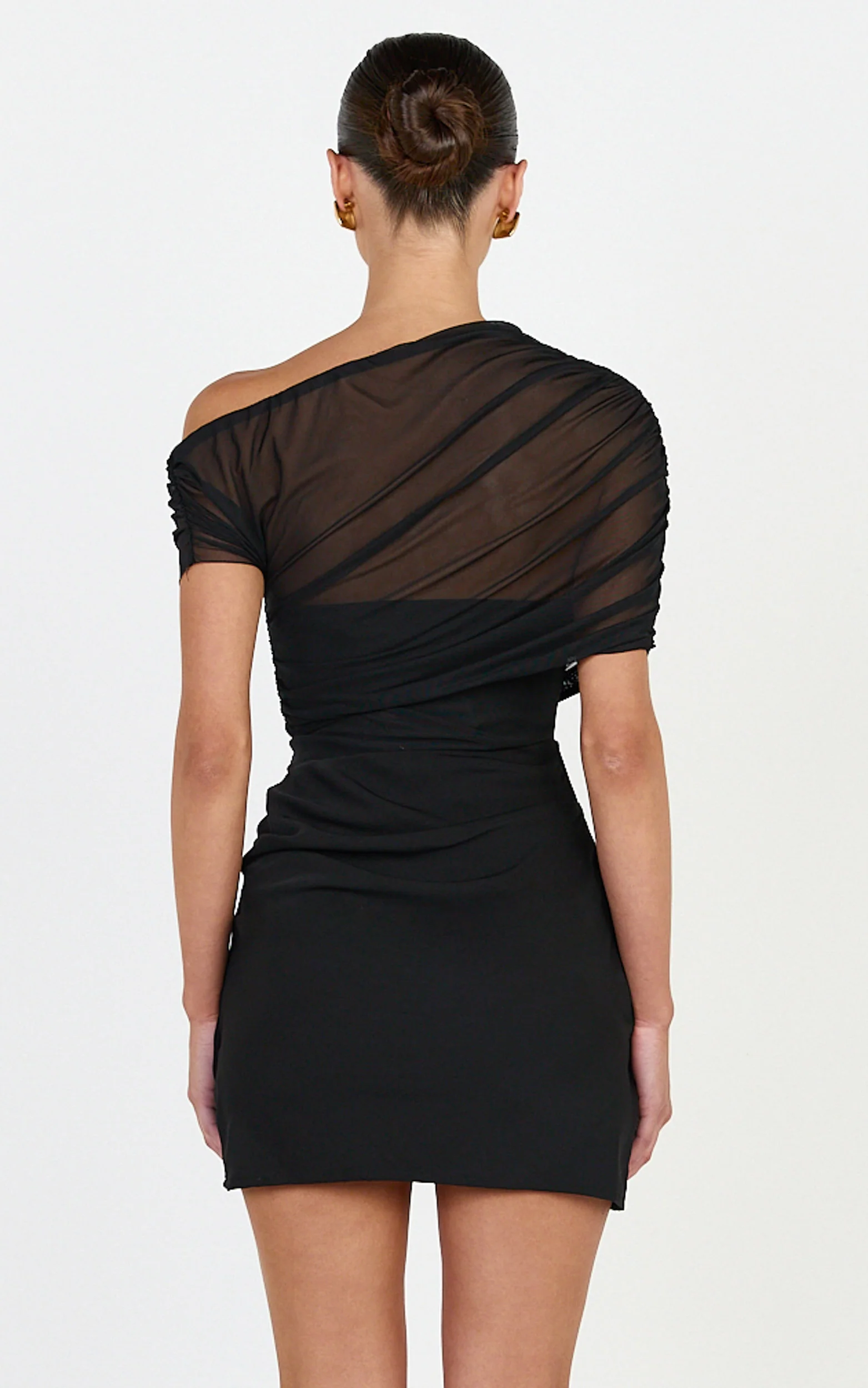 Nami Mini Dress - Overlay Off Shoulder Draped Cowl Waist Dress in Black - Image 5