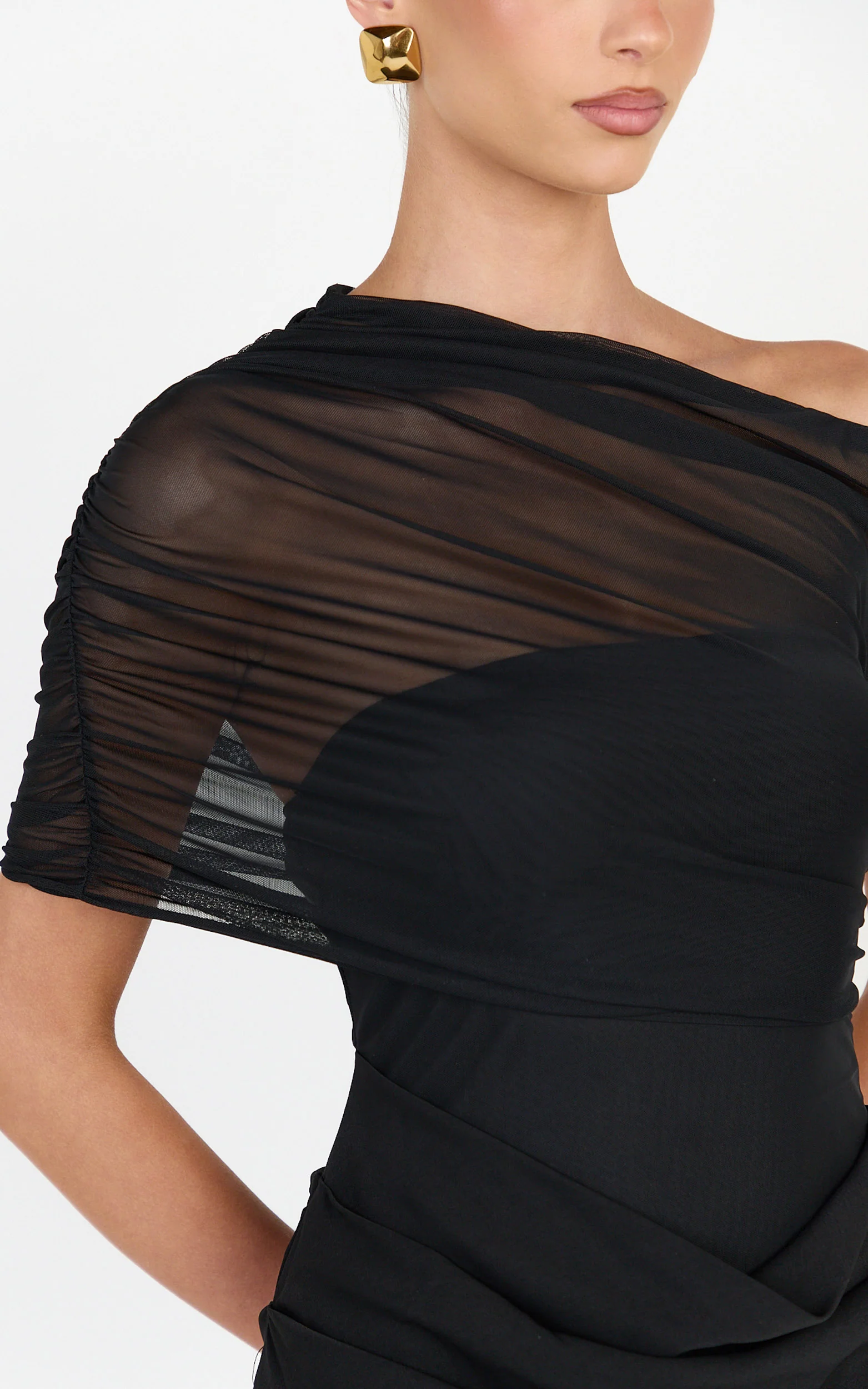 Nami Mini Dress - Overlay Off Shoulder Draped Cowl Waist Dress in Black - Image 6