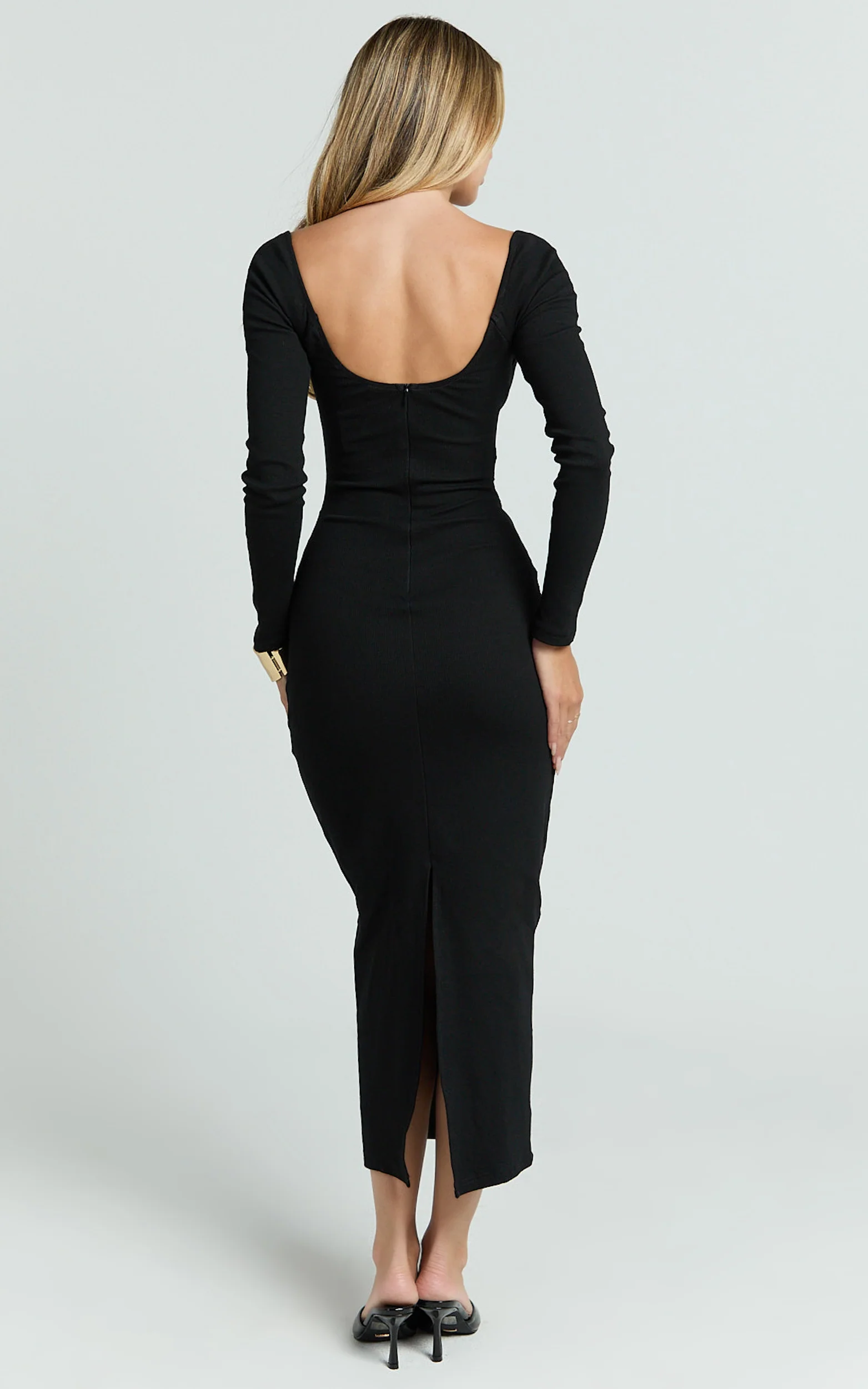 Naya Midi Dress - Long Sleeve Sweetheart Neck Bodycon Dress in Black - Image 6